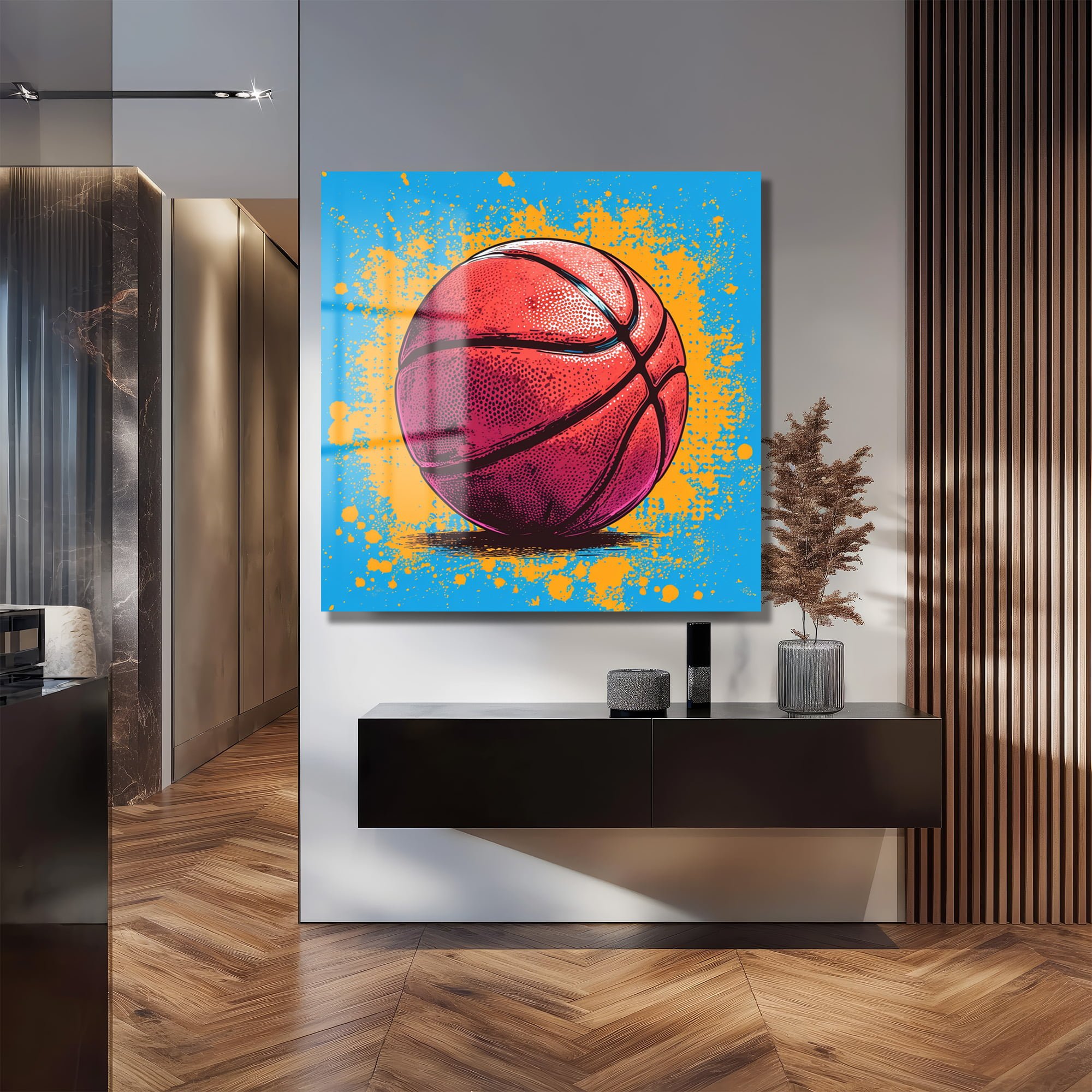 Enerjik Basketbol Rüyası: Modern Pop Art Cam Tablo - Glazella Enerjik Basketbol Rüyası: Modern Pop Art Cam Tablo - Glazella