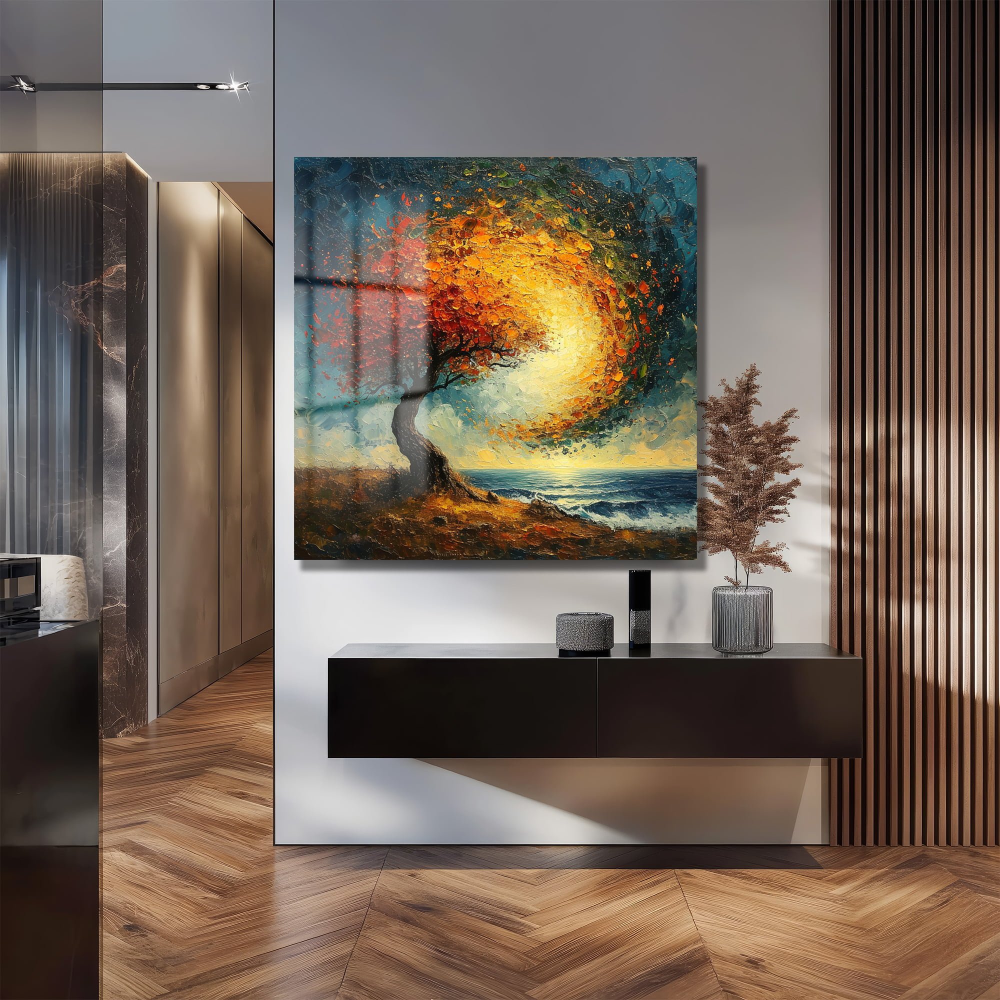 Ateş Ruhu Hayat Ağacı: Modern Manzara Cam Tablo Duvar Dekoru cam tablo, duvar sanatı, modern dekorasyon, soyut sanat, cam sanat eserleri, iç mekan dekorasyonu, ofis dekorasyonu, ev dekorasyonu, restoran dekorasyonu, cafe dekorasyonu, cam baskı, UV baskı, estetik duvar sanatı