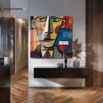 Kübist Rüyalar: Canlı Renklerle Modern Yüz ve Şarap Cam Tablo Duvar Dekoru cam tablo, duvar sanatı, modern dekorasyon, soyut sanat, cam sanat eserleri, iç mekan dekorasyonu, ofis dekorasyonu, ev dekorasyonu, restoran dekorasyonu, cafe dekorasyonu, cam baskı, UV baskı, estetik duvar sanatı