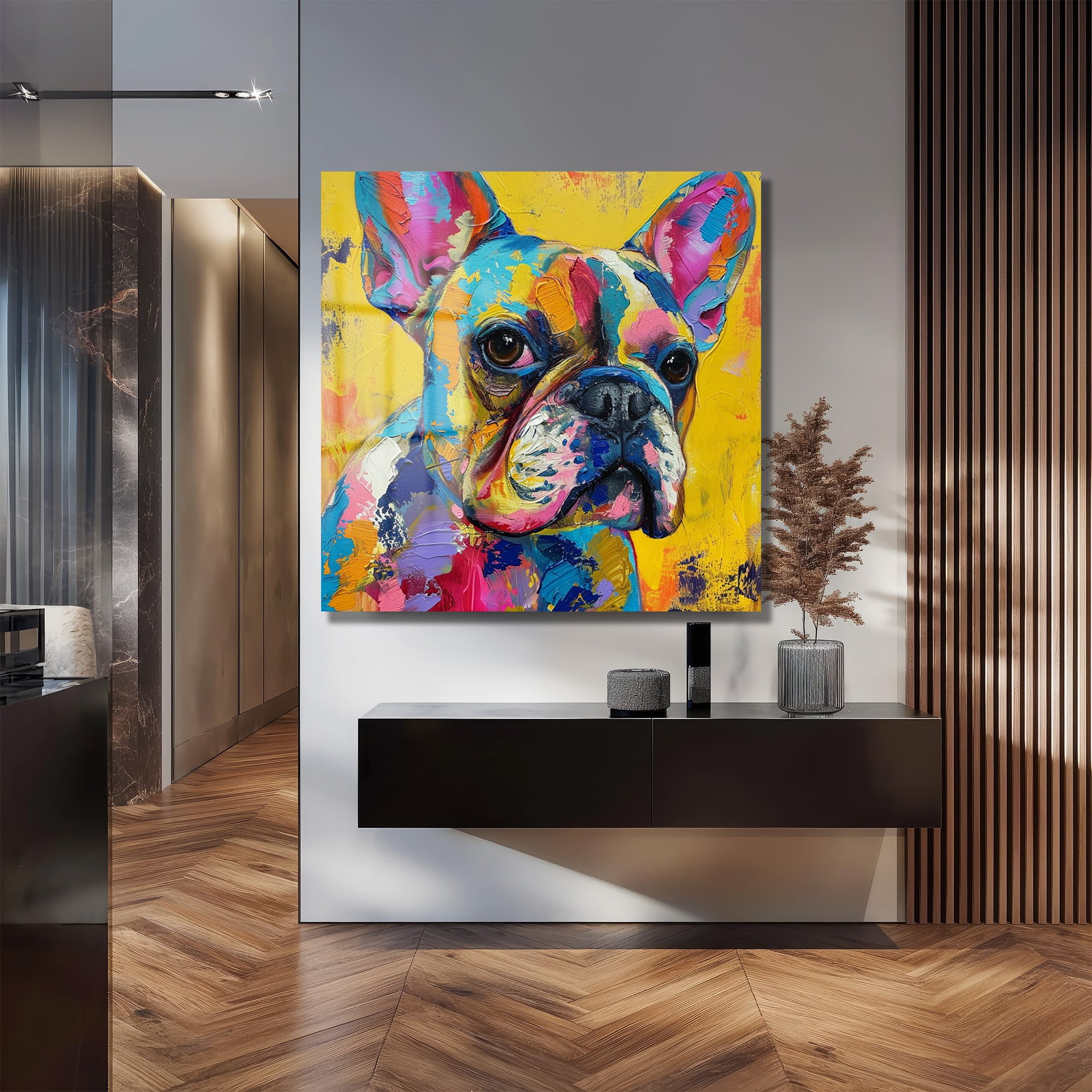 Renkli Fransız Bulldog: Modern Sanat Cam Tablo Duvar Dekoru cam tablo, duvar sanatı, modern dekorasyon, soyut sanat, cam sanat eserleri, iç mekan dekorasyonu, ofis dekorasyonu, ev dekorasyonu, restoran dekorasyonu, cafe dekorasyonu, cam baskı, UV baskı, estetik duvar sanatı