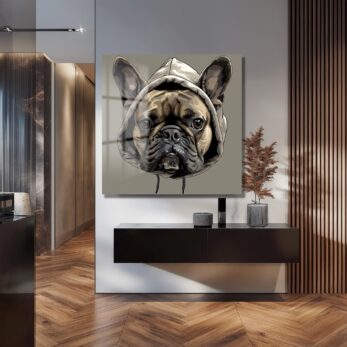 Kapüşonlu Fransız Bulldog: Sokak Stili Modern Cam Tablo - Glazella Kapüşonlu Fransız Bulldog: Sokak Stili Modern Cam Tablo - Glazella
