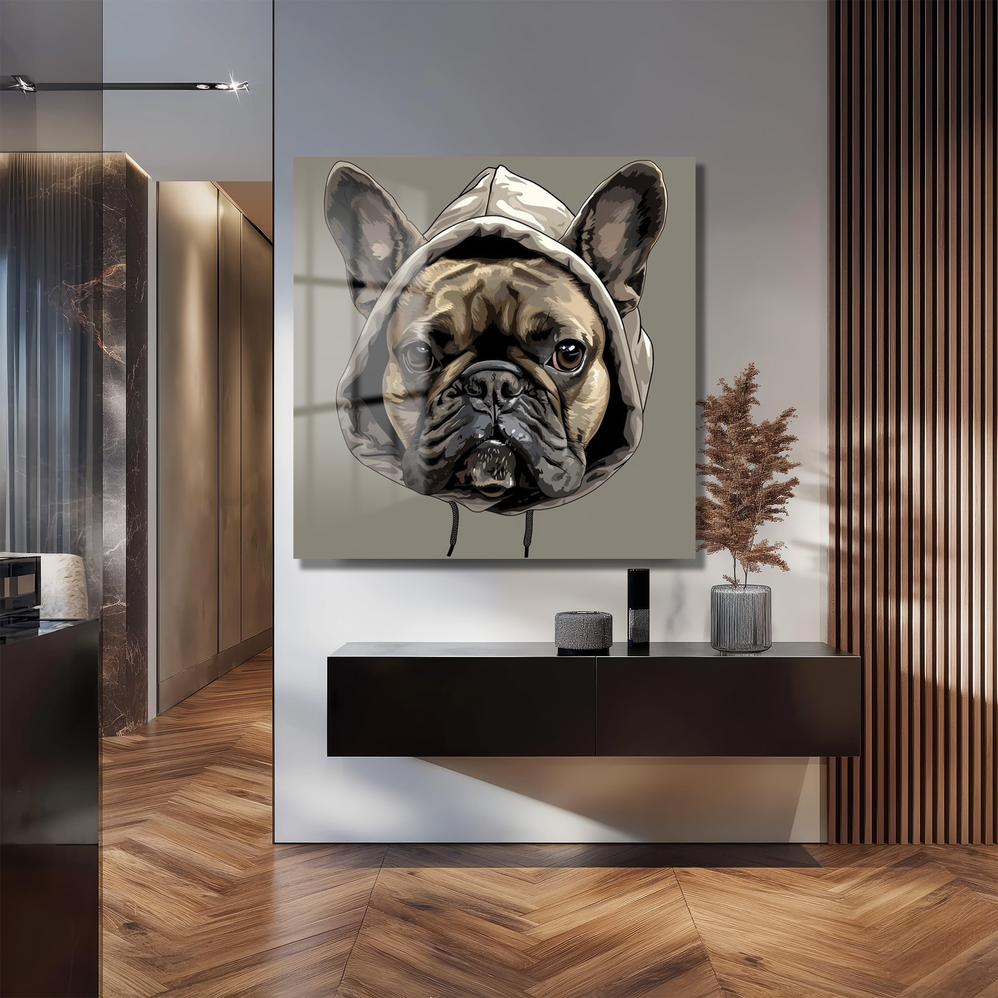 Kapüşonlu Fransız Bulldog: Sokak Stili Modern Cam Tablo Duvar Dekoru cam tablo, duvar sanatı, modern dekorasyon, soyut sanat, cam sanat eserleri, iç mekan dekorasyonu, ofis dekorasyonu, ev dekorasyonu, restoran dekorasyonu, cafe dekorasyonu, cam baskı, UV baskı, estetik duvar sanatı