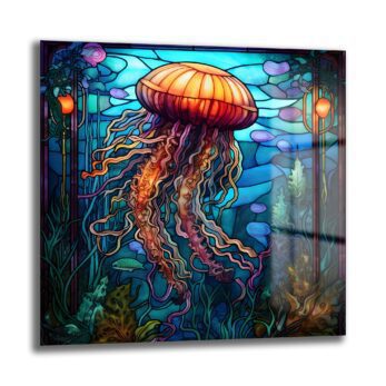 Denizlerin Işıltısı: Art Nouveau Denizanası Temperli Cam Tablo - Glazella
