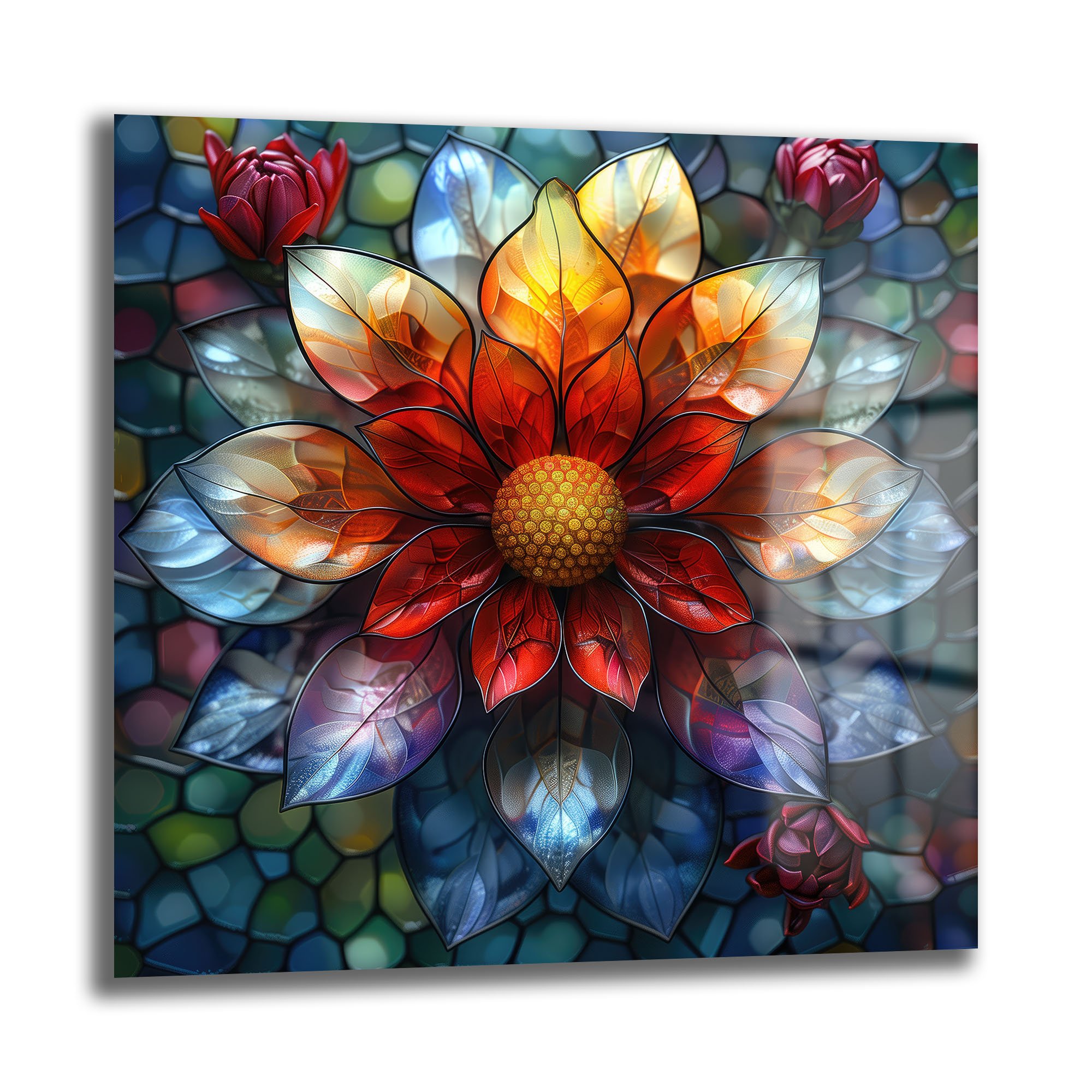 Vitray Çiçeklerin Rüyası: Modern Temperli Cam Tablo Duvar Dekoru cam tablo, duvar sanatı, modern dekorasyon, soyut sanat, cam sanat eserleri, iç mekan dekorasyonu, ofis dekorasyonu, ev dekorasyonu, restoran dekorasyonu, cafe dekorasyonu, cam baskı, UV baskı, estetik duvar sanatı