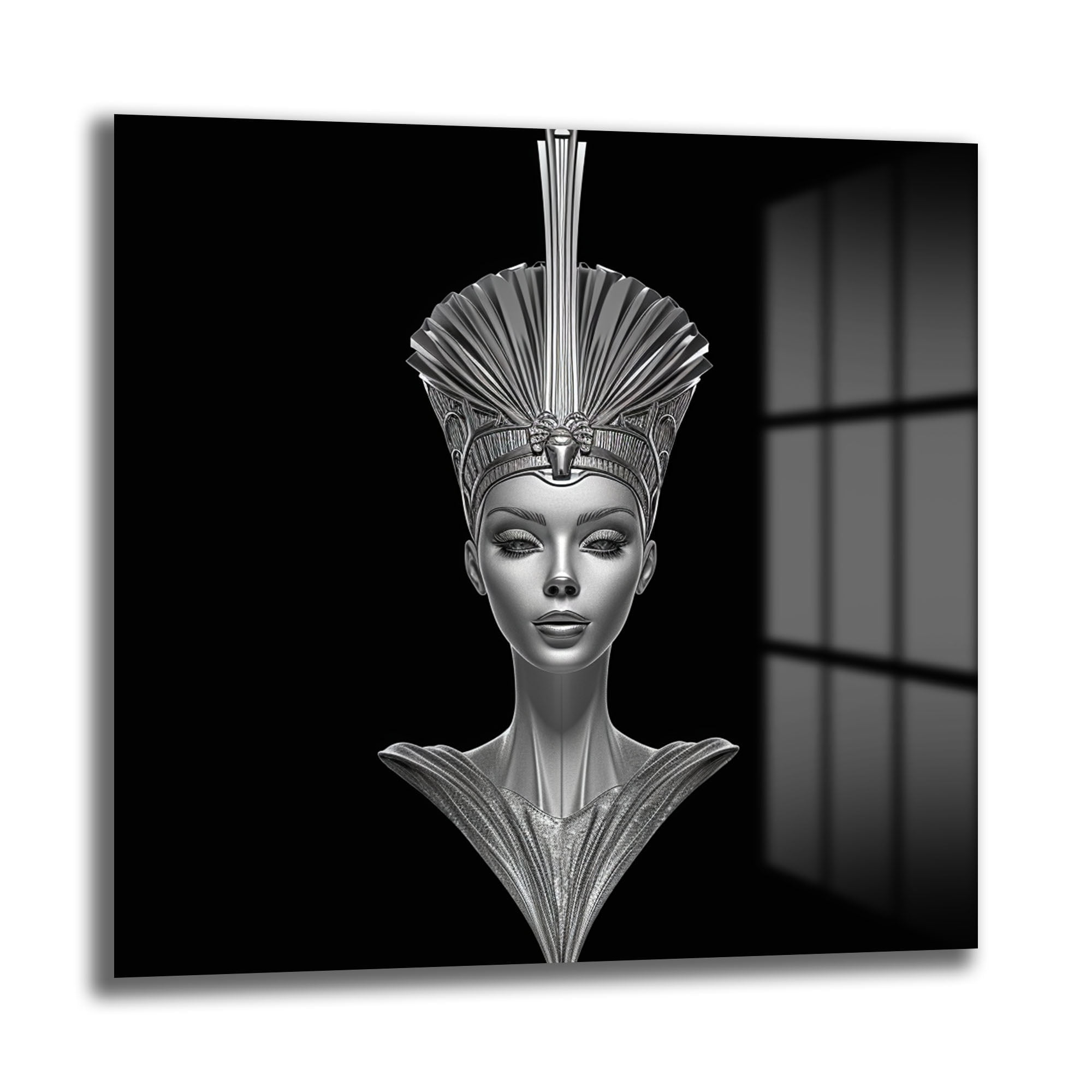 Antik Zarafet, Fütüristik Işıltı: Nefertiti Temalı Gümüş Cam Tablo Duvar Dekoru cam tablo, duvar sanatı, modern dekorasyon, soyut sanat, cam sanat eserleri, iç mekan dekorasyonu, ofis dekorasyonu, ev dekorasyonu, restoran dekorasyonu, cafe dekorasyonu, cam baskı, UV baskı, estetik duvar sanatı