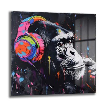 Ritim Şempanze: Neon Enerjili Graffiti Sanat Cam Tablo - Glazella