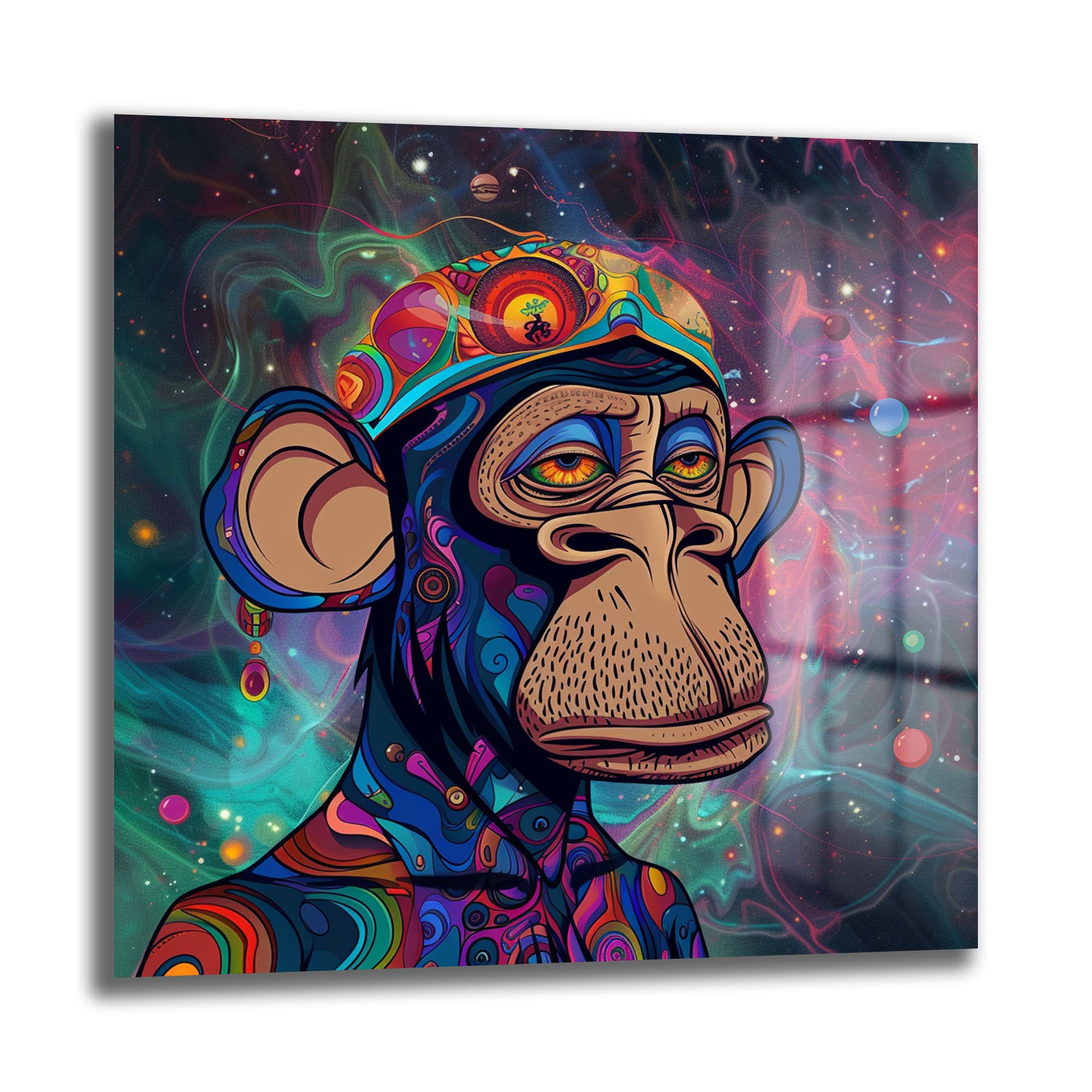 Kozmik Maymun: Psychedelic Enerjili Modern Cam Tablo Duvar Dekoru cam tablo, duvar sanatı, modern dekorasyon, soyut sanat, cam sanat eserleri, iç mekan dekorasyonu, ofis dekorasyonu, ev dekorasyonu, restoran dekorasyonu, cafe dekorasyonu, cam baskı, UV baskı, estetik duvar sanatı