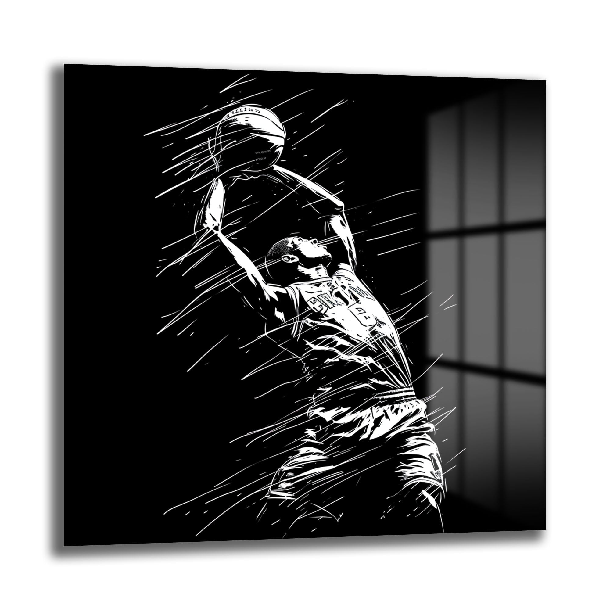 Şampiyon Ruhu: Basketbolcu Dinamizmi Siyah Beyaz Modern Cam Tablo - Glazella Şampiyon Ruhu: Basketbolcu Dinamizmi Siyah Beyaz Modern Cam Tablo - Glazella