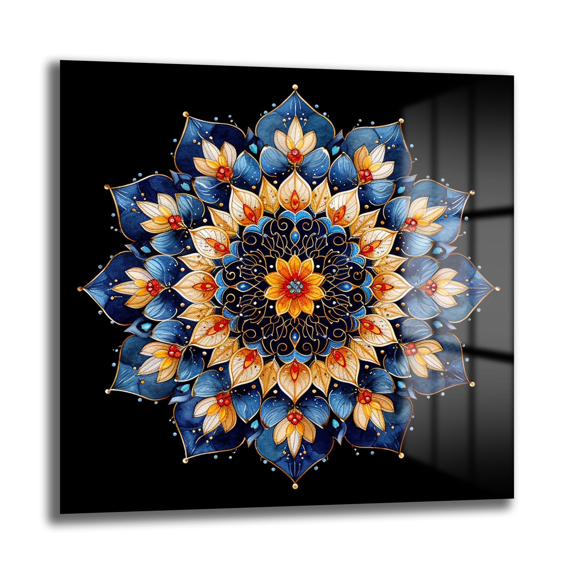 Gizemli Mandala: Sonsuzluk Mavisi ve Altın Işıltılı Temperli Cam Tablo Duvar Dekoru cam tablo, duvar sanatı, modern dekorasyon, soyut sanat, cam sanat eserleri, iç mekan dekorasyonu, ofis dekorasyonu, ev dekorasyonu, restoran dekorasyonu, cafe dekorasyonu, cam baskı, UV baskı, estetik duvar sanatı