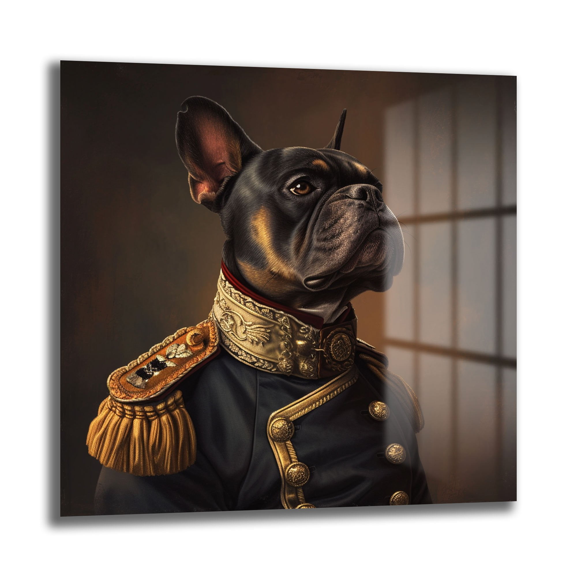 Fransız Bulldog General Portresi: Asil Duruşlu Dekoratif Cam Tablo Duvar Dekoru cam tablo, duvar sanatı, modern dekorasyon, soyut sanat, cam sanat eserleri, iç mekan dekorasyonu, ofis dekorasyonu, ev dekorasyonu, restoran dekorasyonu, cafe dekorasyonu, cam baskı, UV baskı, estetik duvar sanatı