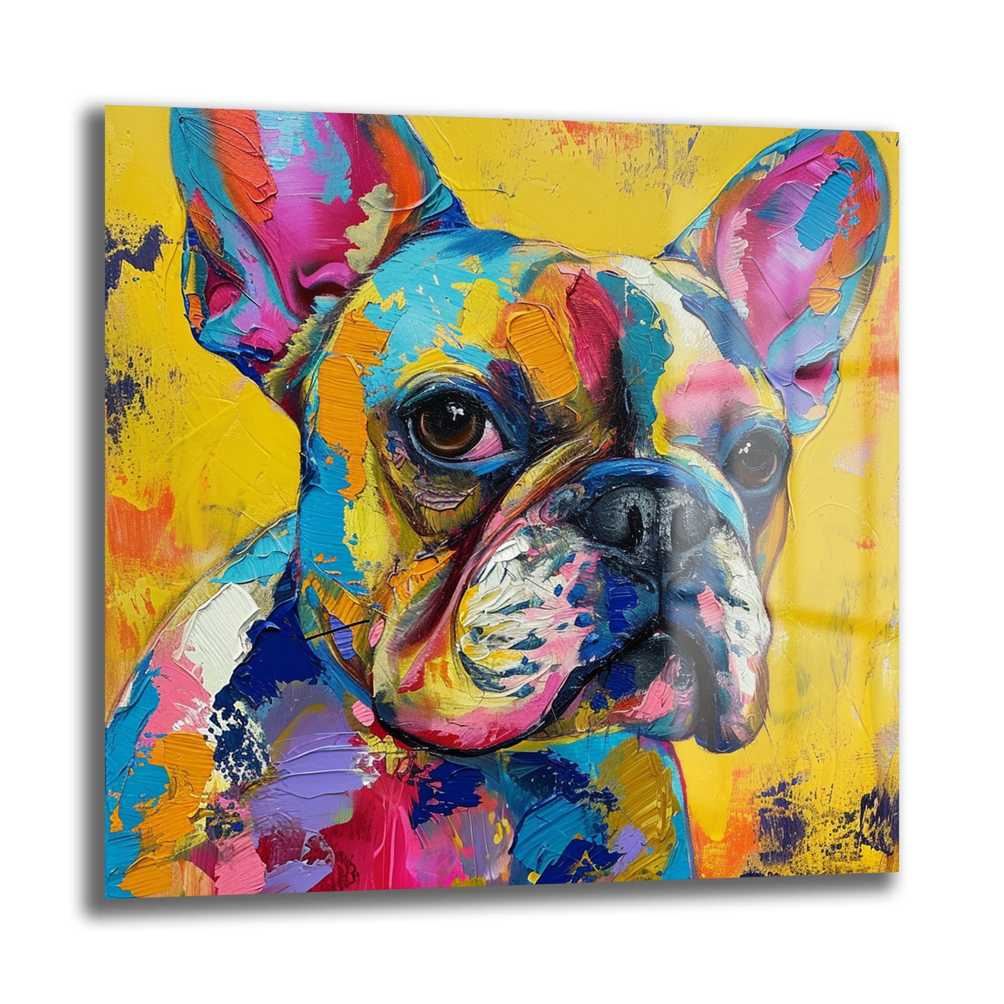 Renkli Fransız Bulldog: Modern Sanat Cam Tablo Duvar Dekoru cam tablo, duvar sanatı, modern dekorasyon, soyut sanat, cam sanat eserleri, iç mekan dekorasyonu, ofis dekorasyonu, ev dekorasyonu, restoran dekorasyonu, cafe dekorasyonu, cam baskı, UV baskı, estetik duvar sanatı