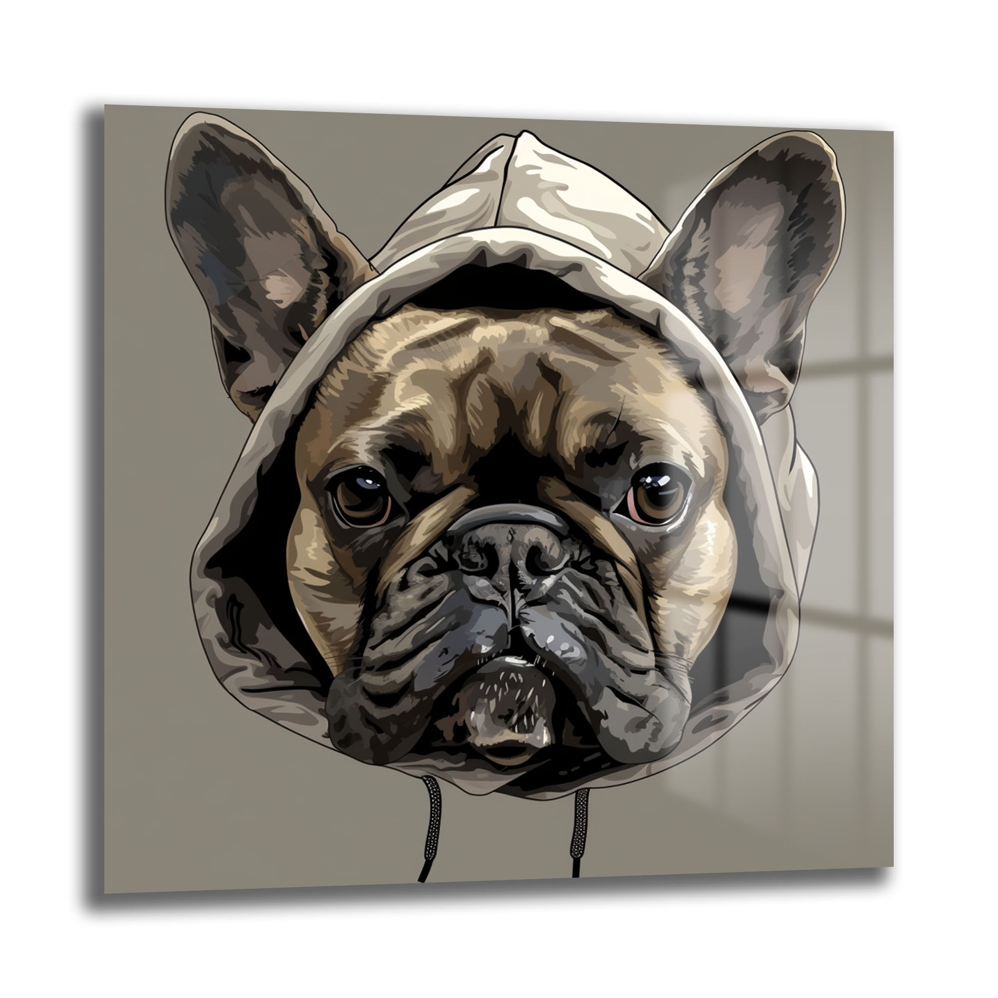 Kapüşonlu Fransız Bulldog: Sokak Stili Modern Cam Tablo Duvar Dekoru cam tablo, duvar sanatı, modern dekorasyon, soyut sanat, cam sanat eserleri, iç mekan dekorasyonu, ofis dekorasyonu, ev dekorasyonu, restoran dekorasyonu, cafe dekorasyonu, cam baskı, UV baskı, estetik duvar sanatı