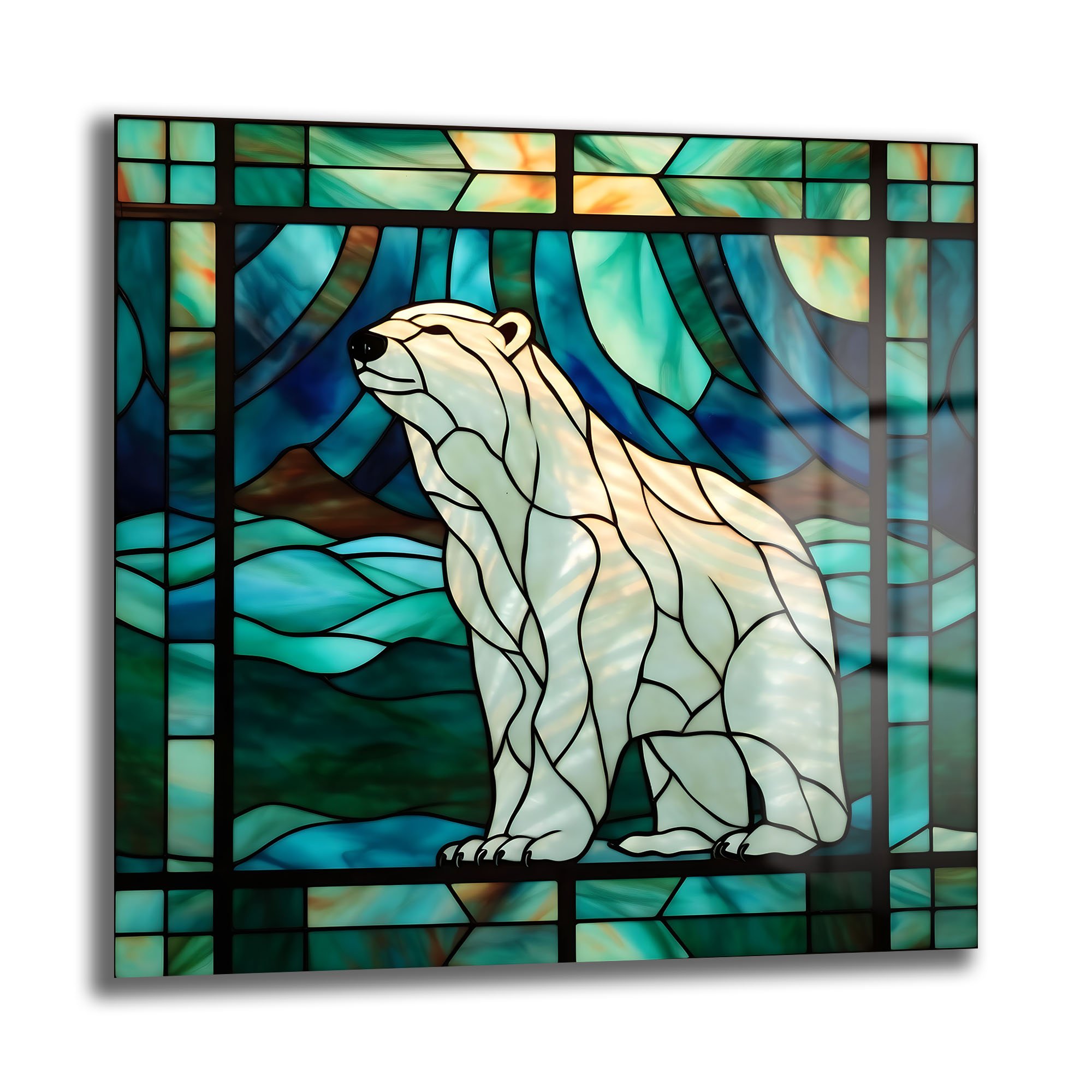 Buzların Hükümdarı: Stained Glass Kutup Ayısı Temperli Cam Tablo Duvar Dekoru cam tablo, duvar sanatı, modern dekorasyon, soyut sanat, cam sanat eserleri, iç mekan dekorasyonu, ofis dekorasyonu, ev dekorasyonu, restoran dekorasyonu, cafe dekorasyonu, cam baskı, UV baskı, estetik duvar sanatı