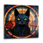 Gizemli Vitray Kara Kedi ve Kırmızı Güller Temperli Cam Tablo Duvar Dekoru cam tablo, duvar sanatı, modern dekorasyon, soyut sanat, cam sanat eserleri, iç mekan dekorasyonu, ofis dekorasyonu, ev dekorasyonu, restoran dekorasyonu, cafe dekorasyonu, cam baskı, UV baskı, estetik duvar sanatı