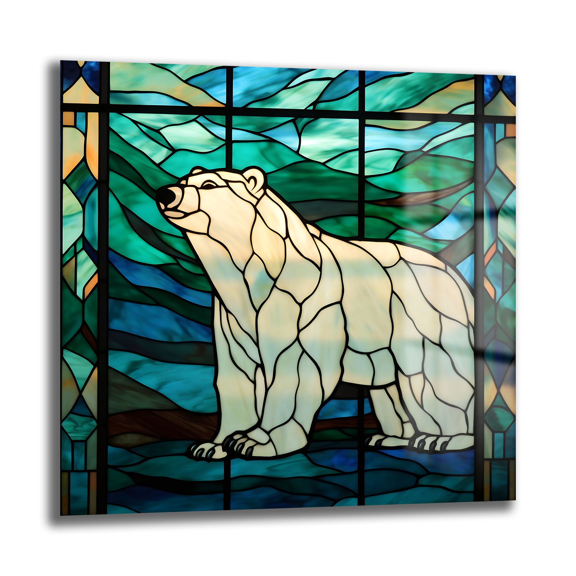 Kutup Ayısı'nın Büyülü Dünyası: Vitray Sanat Temperli Cam Tablo Duvar Dekoru cam tablo, duvar sanatı, modern dekorasyon, soyut sanat, cam sanat eserleri, iç mekan dekorasyonu, ofis dekorasyonu, ev dekorasyonu, restoran dekorasyonu, cafe dekorasyonu, cam baskı, UV baskı, estetik duvar sanatı