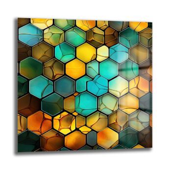 Enerjik Altın ve Turkuaz Petekler: Modern Geometrik Cam Tablo - Glazella
