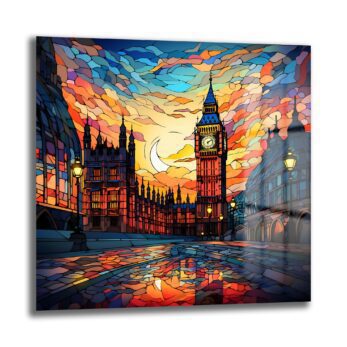 Big Ben Büyüsü: Gün Batımı Vitray Sanatı Cam Tablo - Glazella