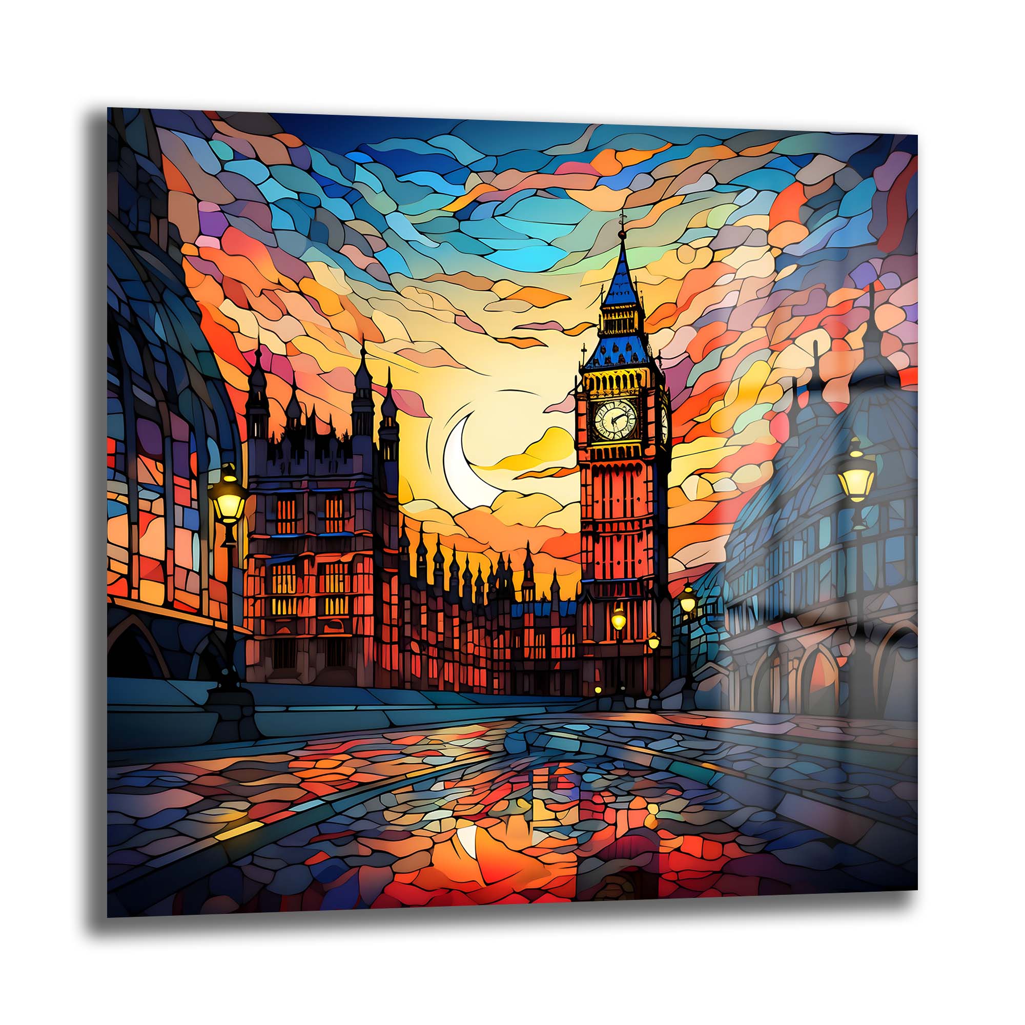 Big Ben Büyüsü: Gün Batımı Vitray Sanatı Cam Tablo Duvar Dekoru cam tablo, duvar sanatı, modern dekorasyon, soyut sanat, cam sanat eserleri, iç mekan dekorasyonu, ofis dekorasyonu, ev dekorasyonu, restoran dekorasyonu, cafe dekorasyonu, cam baskı, UV baskı, estetik duvar sanatı