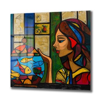 Gizemli Bakış ve Renkli Balıklar: Modern Sanat Temperli Cam Tablo - Glazella