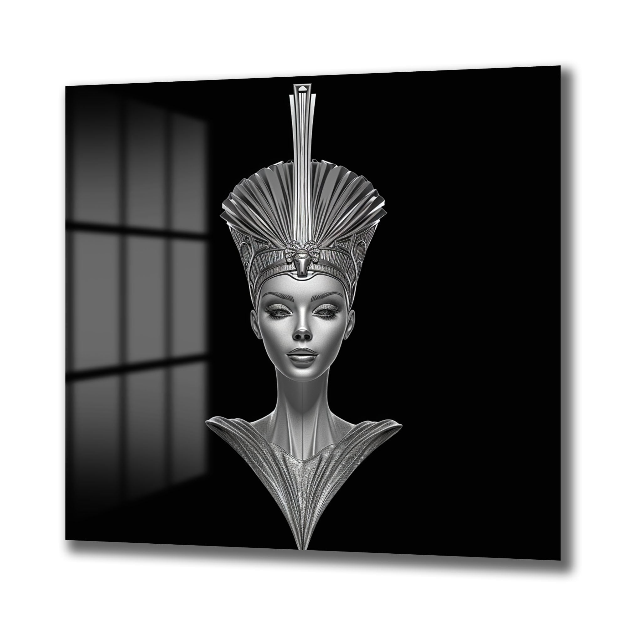 Antik Zarafet, Fütüristik Işıltı: Nefertiti Temalı Gümüş Cam Tablo Duvar Dekoru cam tablo, duvar sanatı, modern dekorasyon, soyut sanat, cam sanat eserleri, iç mekan dekorasyonu, ofis dekorasyonu, ev dekorasyonu, restoran dekorasyonu, cafe dekorasyonu, cam baskı, UV baskı, estetik duvar sanatı