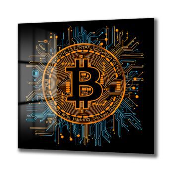 Dijital Altın: Bitcoin Devre Kartı Tasarımlı Modern Cam Tablo - Glazella