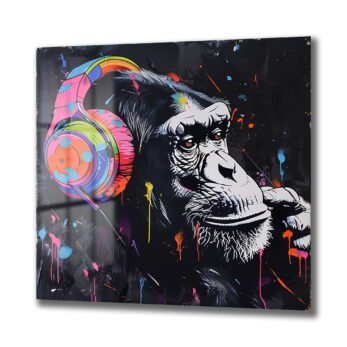 Ritim Şempanze: Neon Enerjili Graffiti Sanat Cam Tablo - Glazella