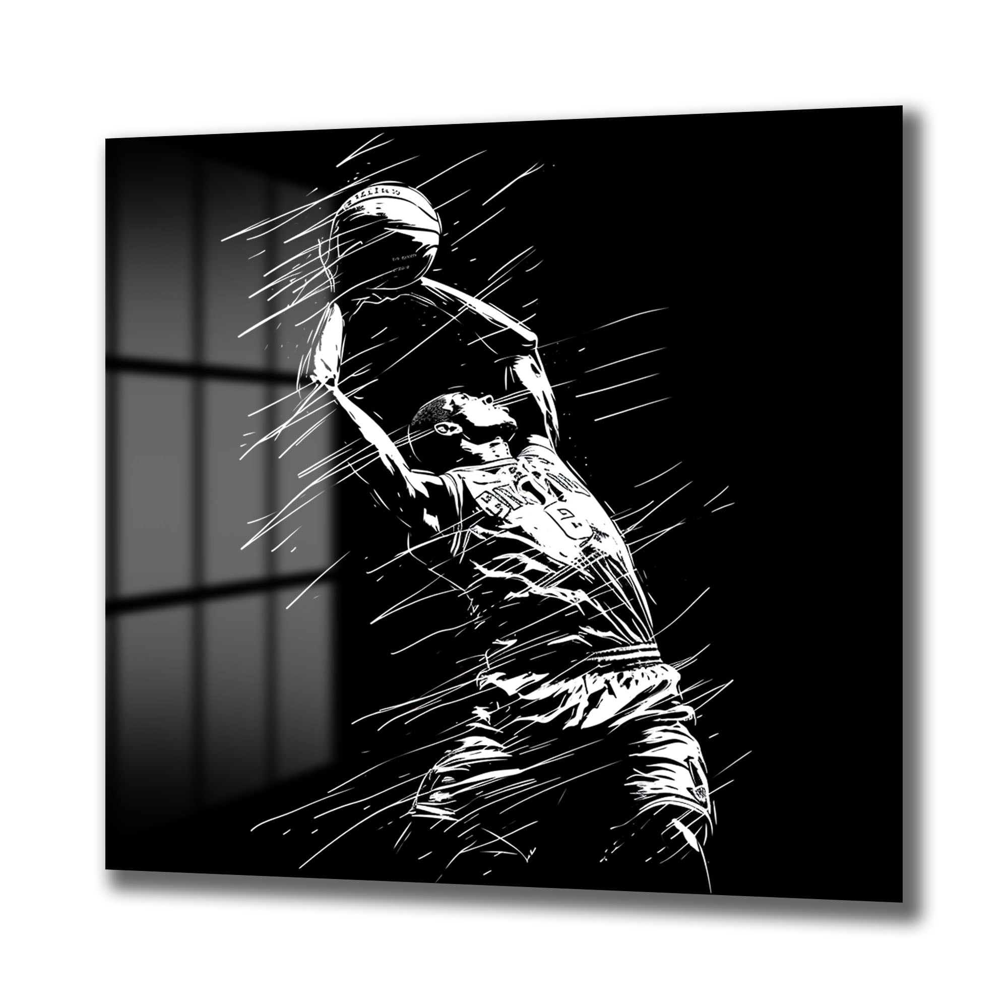 Şampiyon Ruhu: Basketbolcu Dinamizmi Siyah Beyaz Modern Cam Tablo - Glazella Şampiyon Ruhu: Basketbolcu Dinamizmi Siyah Beyaz Modern Cam Tablo - Glazella