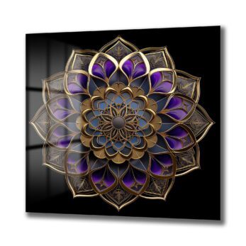 Gizemli Mor ve Altın Mandala: Lüks Temperli Cam Tablo - Glazella Gizemli Mor ve Altın Mandala: Lüks Temperli Cam Tablo - Glazella