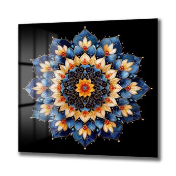 Gizemli Mandala: Sonsuzluk Mavisi ve Altın Işıltılı Temperli Cam Tablo - Glazella Gizemli Mandala: Sonsuzluk Mavisi ve Altın Işıltılı Temperli Cam Tablo - Glazella