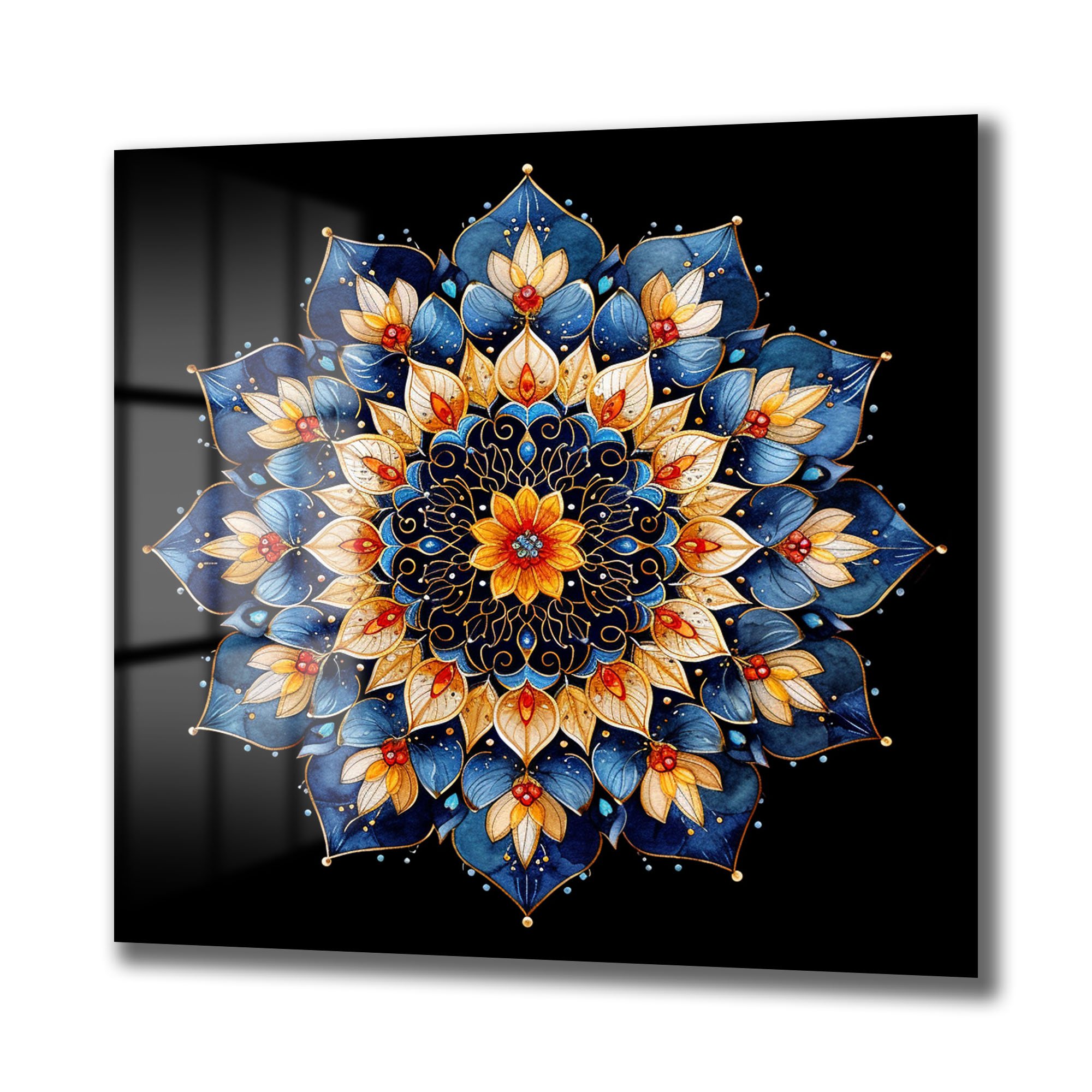 Gizemli Mandala: Sonsuzluk Mavisi ve Altın Işıltılı Temperli Cam Tablo Duvar Dekoru cam tablo, duvar sanatı, modern dekorasyon, soyut sanat, cam sanat eserleri, iç mekan dekorasyonu, ofis dekorasyonu, ev dekorasyonu, restoran dekorasyonu, cafe dekorasyonu, cam baskı, UV baskı, estetik duvar sanatı