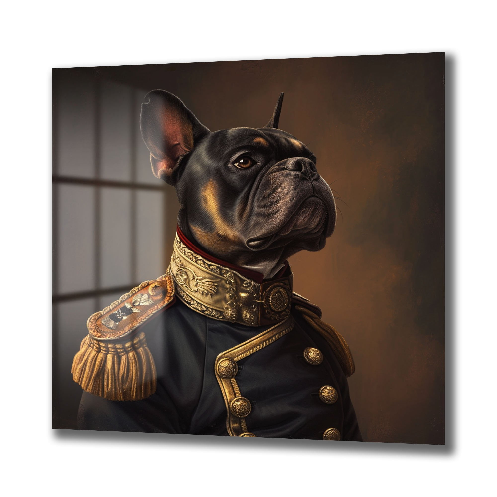 Fransız Bulldog General Portresi: Asil Duruşlu Dekoratif Cam Tablo Duvar Dekoru cam tablo, duvar sanatı, modern dekorasyon, soyut sanat, cam sanat eserleri, iç mekan dekorasyonu, ofis dekorasyonu, ev dekorasyonu, restoran dekorasyonu, cafe dekorasyonu, cam baskı, UV baskı, estetik duvar sanatı