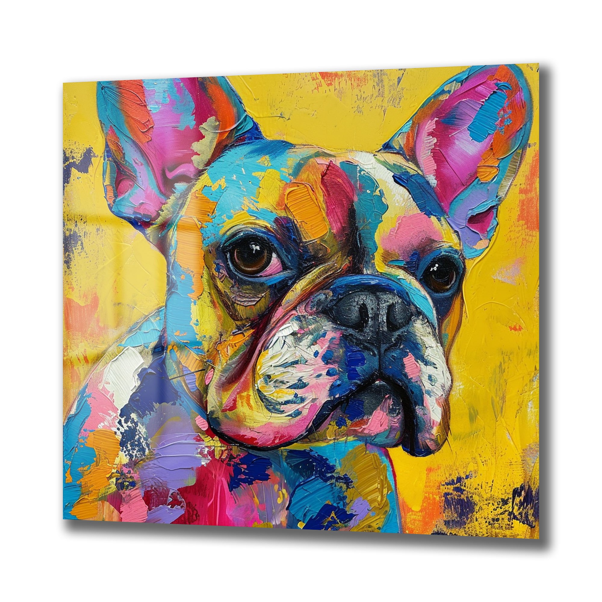 Renkli Fransız Bulldog: Modern Sanat Cam Tablo Duvar Dekoru cam tablo, duvar sanatı, modern dekorasyon, soyut sanat, cam sanat eserleri, iç mekan dekorasyonu, ofis dekorasyonu, ev dekorasyonu, restoran dekorasyonu, cafe dekorasyonu, cam baskı, UV baskı, estetik duvar sanatı