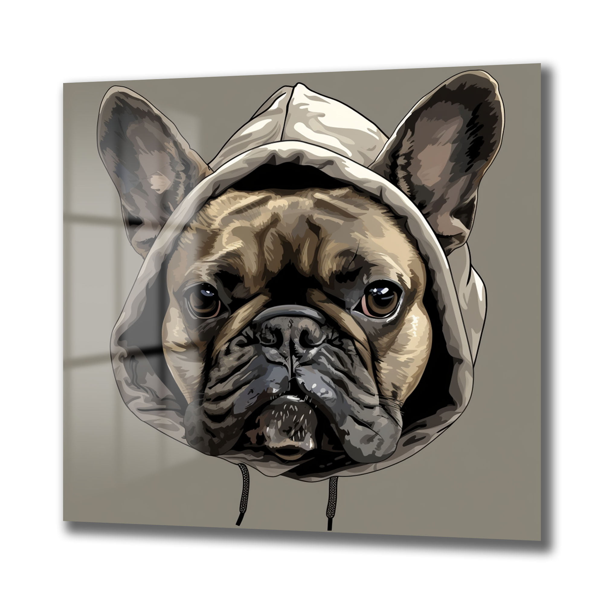Kapüşonlu Fransız Bulldog: Sokak Stili Modern Cam Tablo Duvar Dekoru cam tablo, duvar sanatı, modern dekorasyon, soyut sanat, cam sanat eserleri, iç mekan dekorasyonu, ofis dekorasyonu, ev dekorasyonu, restoran dekorasyonu, cafe dekorasyonu, cam baskı, UV baskı, estetik duvar sanatı