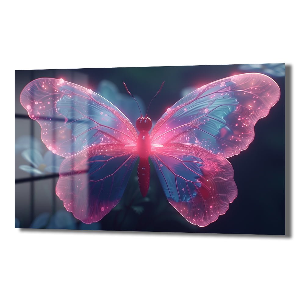 Efsunlu Kanatlar: Pembe Mavi Işıltılı Temperli Cam Tablo Duvar Dekoru cam tablo, duvar sanatı, modern dekorasyon, soyut sanat, cam sanat eserleri, iç mekan dekorasyonu, ofis dekorasyonu, ev dekorasyonu, restoran dekorasyonu, cafe dekorasyonu, cam baskı, UV baskı, estetik duvar sanatı