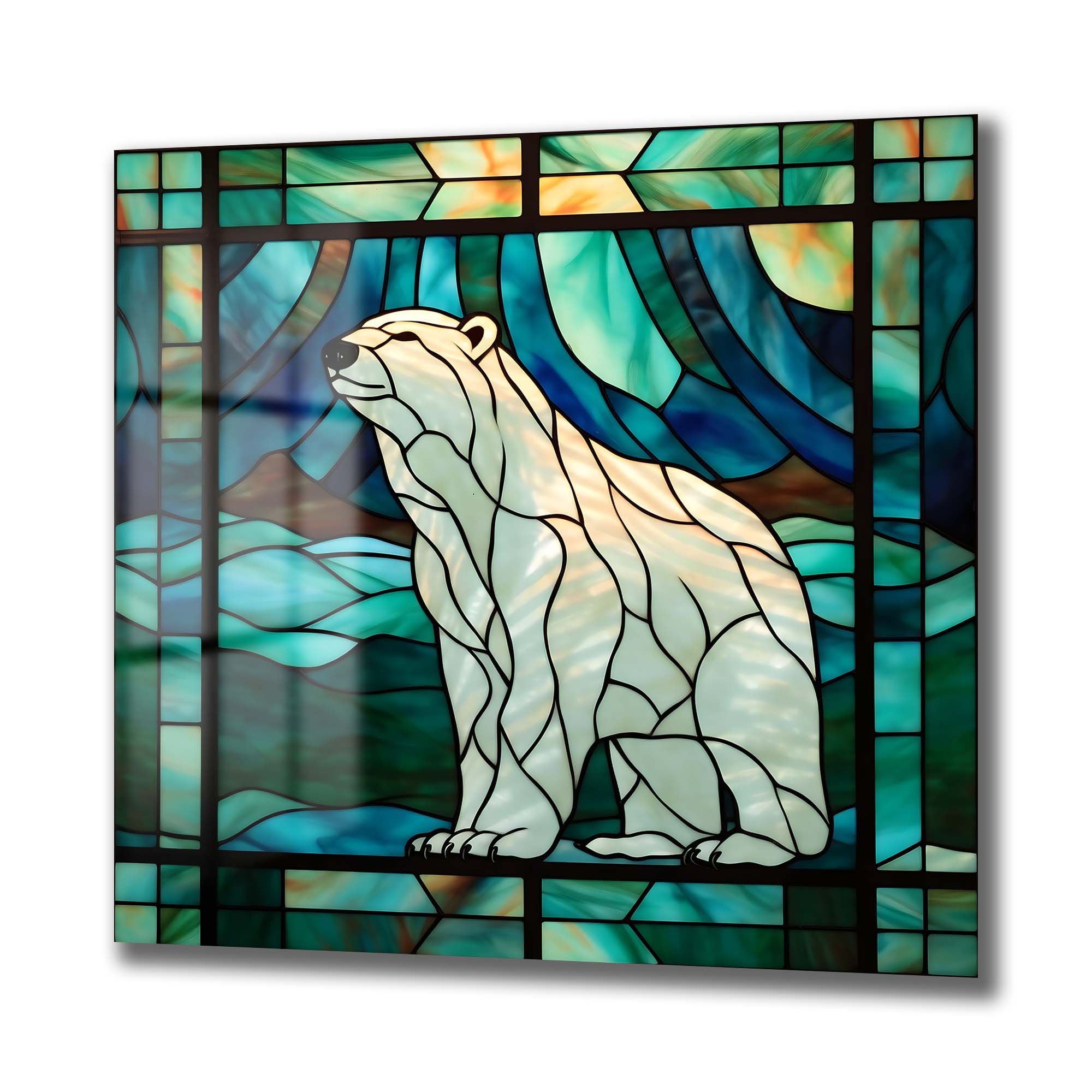 Buzların Hükümdarı: Stained Glass Kutup Ayısı Temperli Cam Tablo Duvar Dekoru cam tablo, duvar sanatı, modern dekorasyon, soyut sanat, cam sanat eserleri, iç mekan dekorasyonu, ofis dekorasyonu, ev dekorasyonu, restoran dekorasyonu, cafe dekorasyonu, cam baskı, UV baskı, estetik duvar sanatı