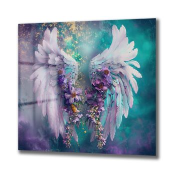 Ethereal Kanatlar ve Mor Çiçekler: Sanatsal Temperli Cam Tablo - Glazella Ethereal Kanatlar ve Mor Çiçekler: Sanatsal Temperli Cam Tablo - Glazella