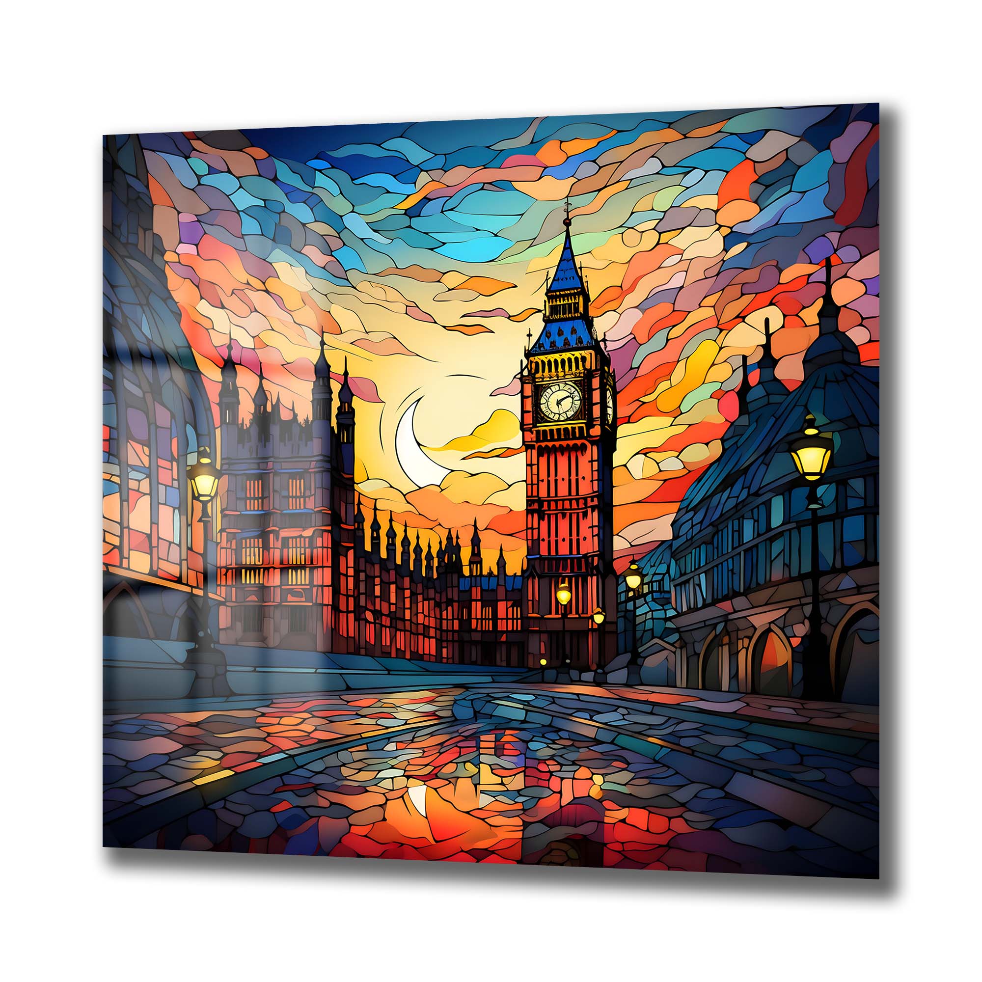 Big Ben Büyüsü: Gün Batımı Vitray Sanatı Cam Tablo Duvar Dekoru cam tablo, duvar sanatı, modern dekorasyon, soyut sanat, cam sanat eserleri, iç mekan dekorasyonu, ofis dekorasyonu, ev dekorasyonu, restoran dekorasyonu, cafe dekorasyonu, cam baskı, UV baskı, estetik duvar sanatı