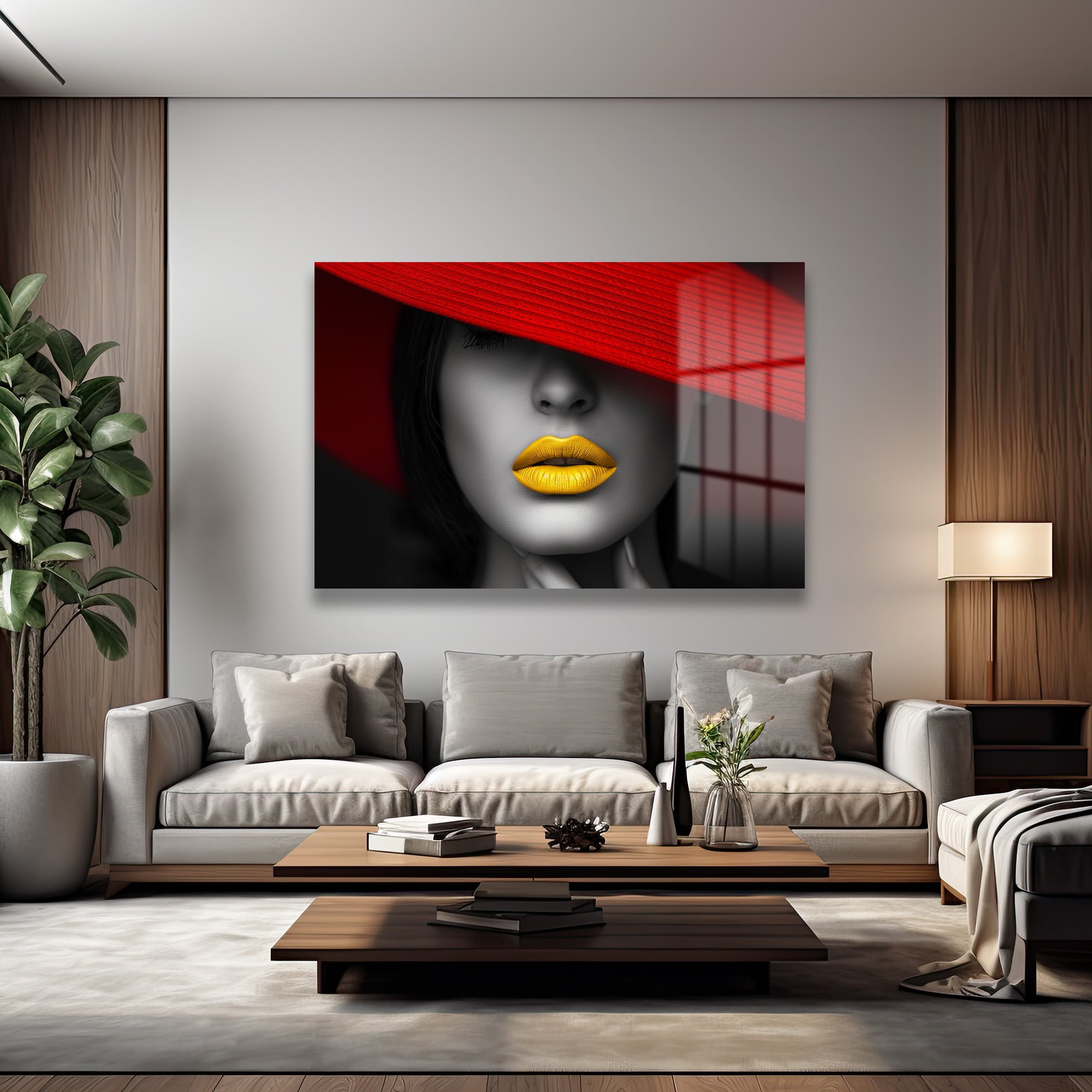 Kırmızı Şapka, Sarı Dudaklar: Çarpıcı Modern Cam Tablo Duvar Dekoru cam tablo, duvar sanatı, modern dekorasyon, soyut sanat, cam sanat eserleri, iç mekan dekorasyonu, ofis dekorasyonu, ev dekorasyonu, restoran dekorasyonu, cafe dekorasyonu, cam baskı, UV baskı, estetik duvar sanatı