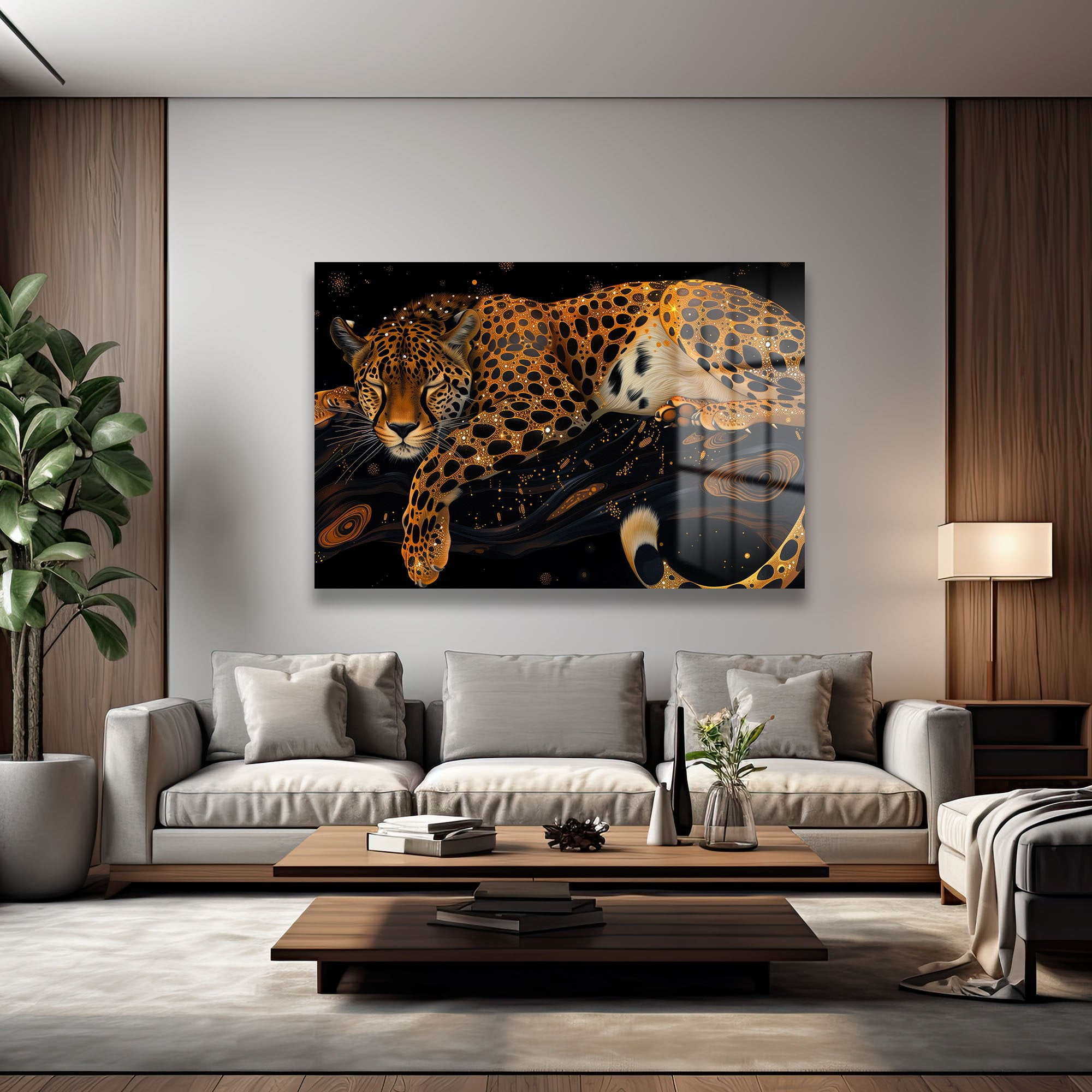 Parıldayan Rüyalar: Kozmik Leopar Temalı Temperli Cam Tablo Duvar Dekoru cam tablo, duvar sanatı, modern dekorasyon, soyut sanat, cam sanat eserleri, iç mekan dekorasyonu, ofis dekorasyonu, ev dekorasyonu, restoran dekorasyonu, cafe dekorasyonu, cam baskı, UV baskı, estetik duvar sanatı