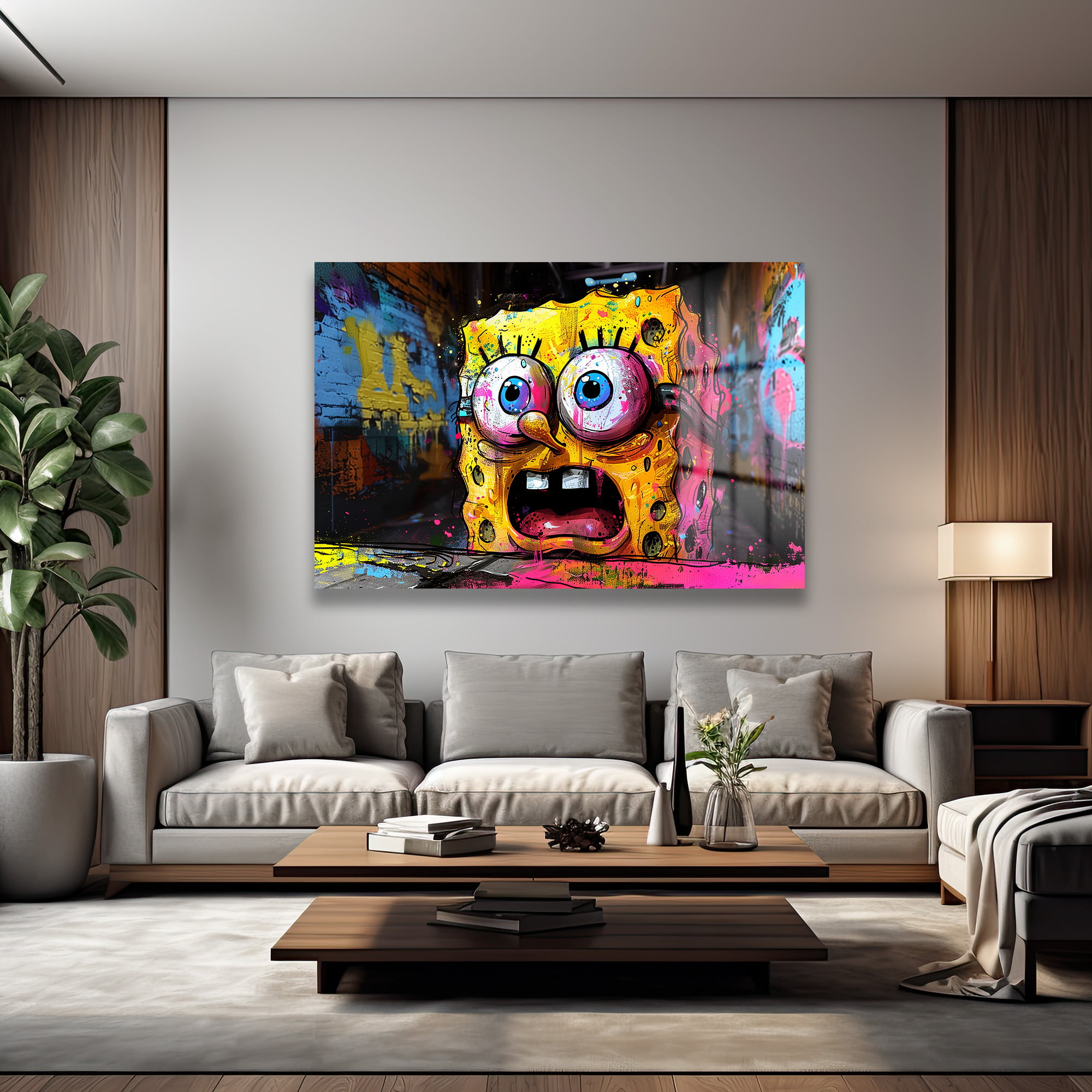 Sünger Bob'un Şaşkınlığı: Urban Graffiti Cam Tablo Duvar Dekoru Sünger Bob'un Şaşkınlığı: Urban Graffiti Cam Tablo - Görsel 3