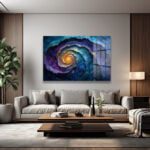 Galaktik Spiral: Mor Mavi Tonlarında Modern Soyut Cam Tablo Duvar Dekoru Galaktik Spiral: Mor Mavi Tonlarında Modern Soyut Cam Tablo Dekoratif Cam Tablo