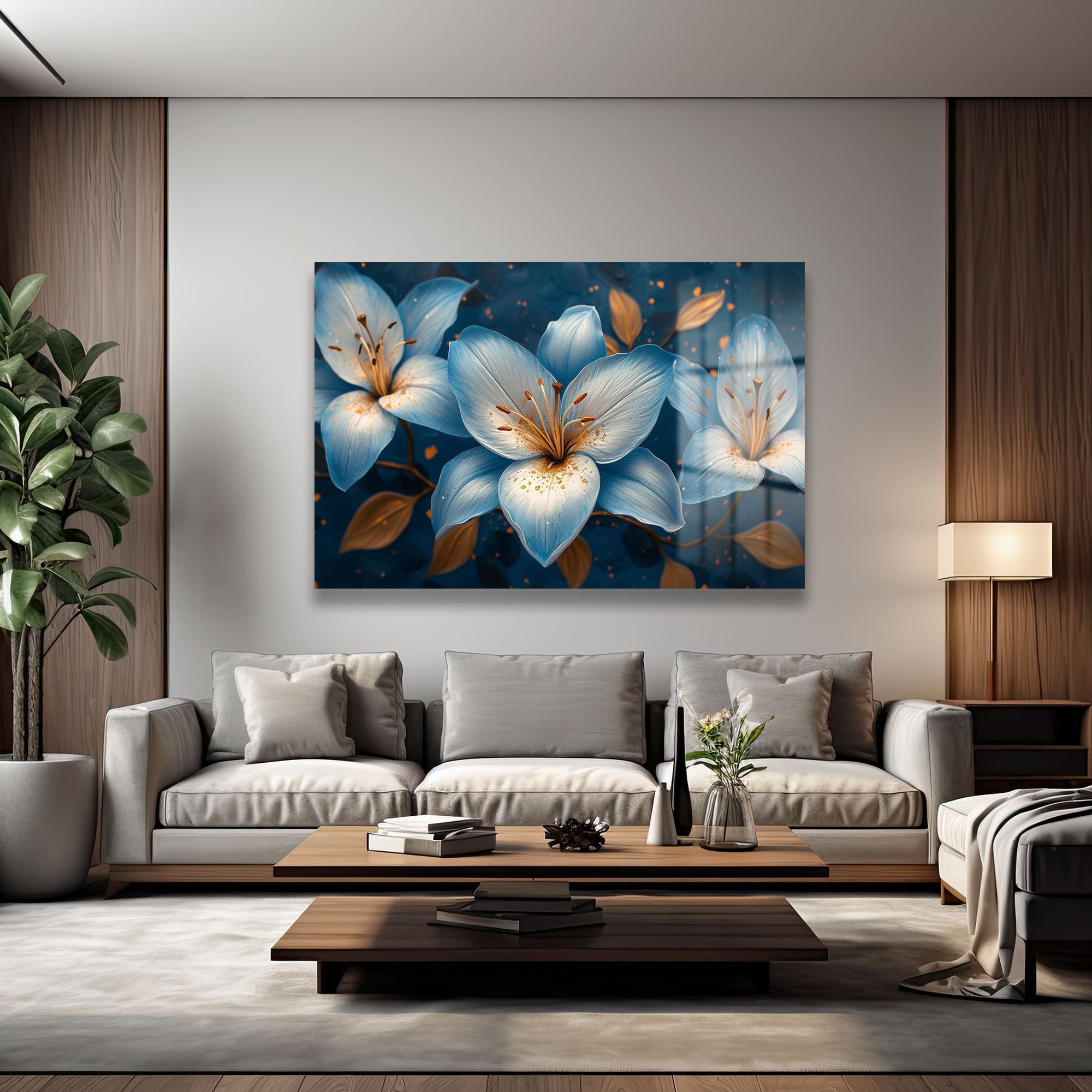 Derin Mavi Çiçekler: Parlak Yüzey Modern Cam Tablo Duvar Dekoru cam tablo, duvar sanatı, modern dekorasyon, soyut sanat, cam sanat eserleri, iç mekan dekorasyonu, ofis dekorasyonu, ev dekorasyonu, restoran dekorasyonu, cafe dekorasyonu, cam baskı, UV baskı, estetik duvar sanatı