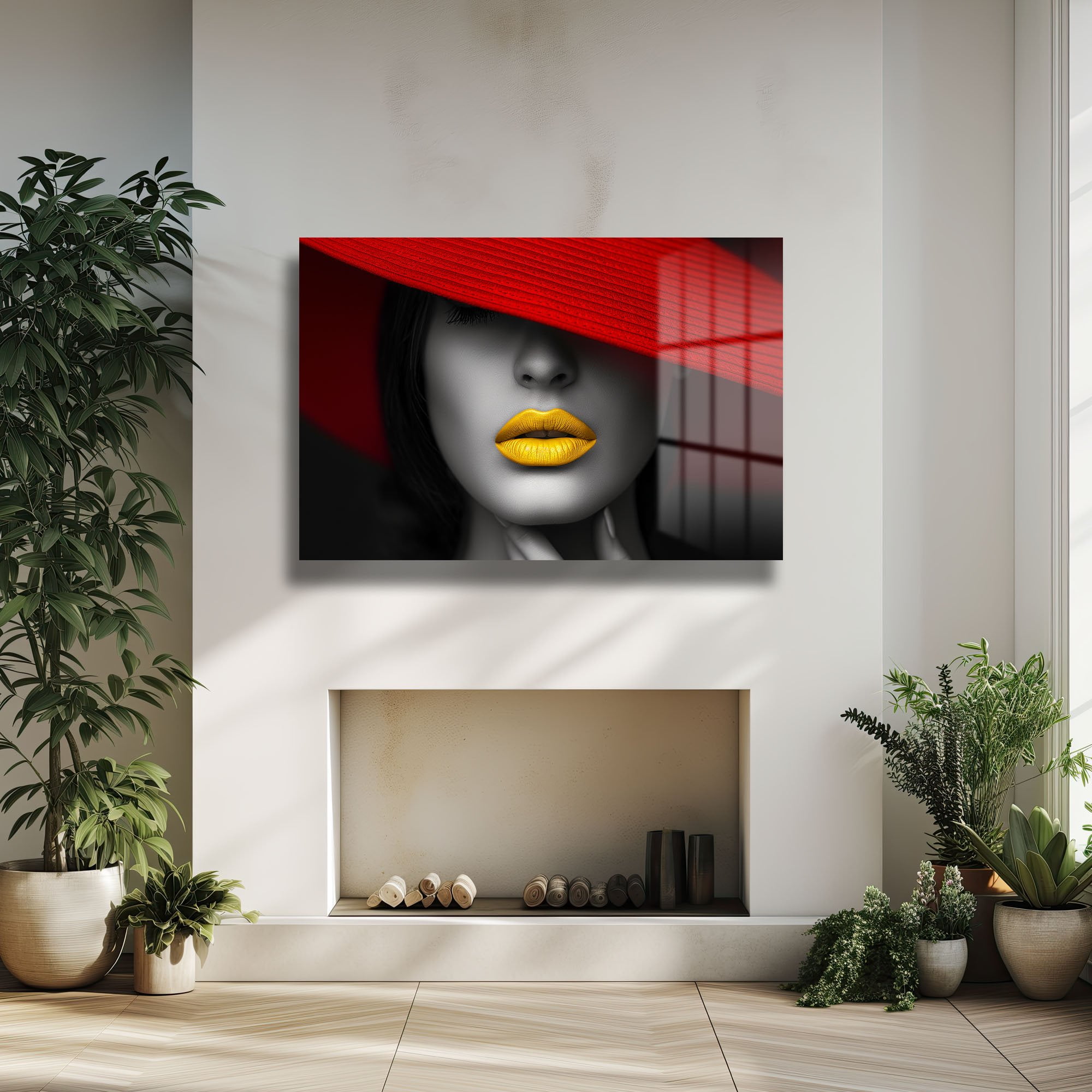 Kırmızı Şapka, Sarı Dudaklar: Çarpıcı Modern Cam Tablo Duvar Dekoru cam tablo, duvar sanatı, modern dekorasyon, soyut sanat, cam sanat eserleri, iç mekan dekorasyonu, ofis dekorasyonu, ev dekorasyonu, restoran dekorasyonu, cafe dekorasyonu, cam baskı, UV baskı, estetik duvar sanatı