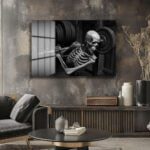 Sonsuz Güç: İskelet Fitness Temalı Modern Cam Tablo Duvar Dekoru cam tablo, duvar sanatı, modern dekorasyon, soyut sanat, cam sanat eserleri, iç mekan dekorasyonu, ofis dekorasyonu, ev dekorasyonu, restoran dekorasyonu, cafe dekorasyonu, cam baskı, UV baskı, estetik duvar sanatı