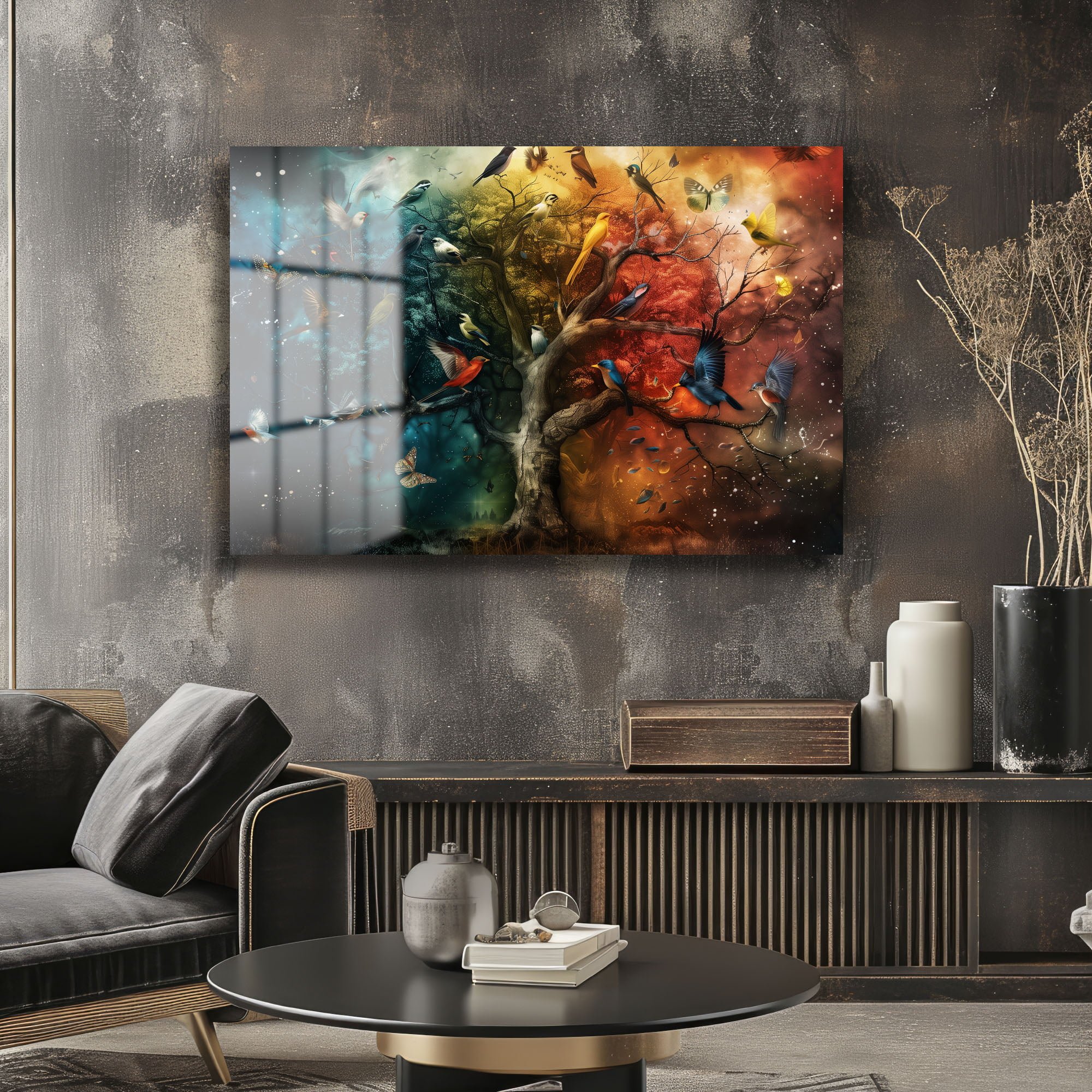 Hayat Ağacı: Renklerin ve Kuşların Dansı Modern Cam Tablo Duvar Dekoru cam tablo, duvar sanatı, modern dekorasyon, soyut sanat, cam sanat eserleri, iç mekan dekorasyonu, ofis dekorasyonu, ev dekorasyonu, restoran dekorasyonu, cafe dekorasyonu, cam baskı, UV baskı, estetik duvar sanatı