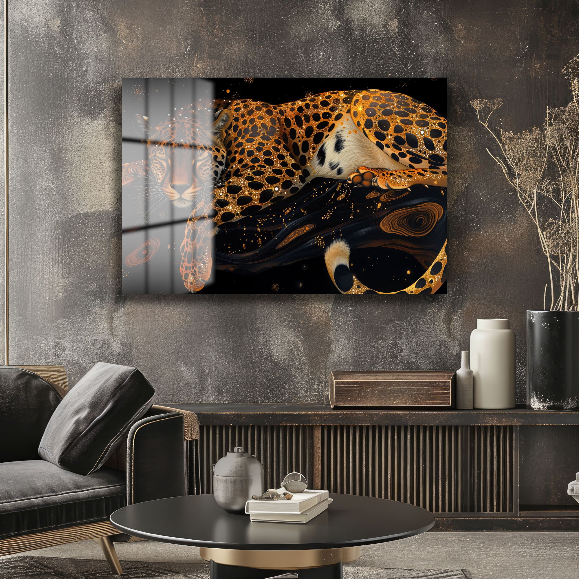 Parıldayan Rüyalar: Kozmik Leopar Temalı Temperli Cam Tablo Duvar Dekoru cam tablo, duvar sanatı, modern dekorasyon, soyut sanat, cam sanat eserleri, iç mekan dekorasyonu, ofis dekorasyonu, ev dekorasyonu, restoran dekorasyonu, cafe dekorasyonu, cam baskı, UV baskı, estetik duvar sanatı
