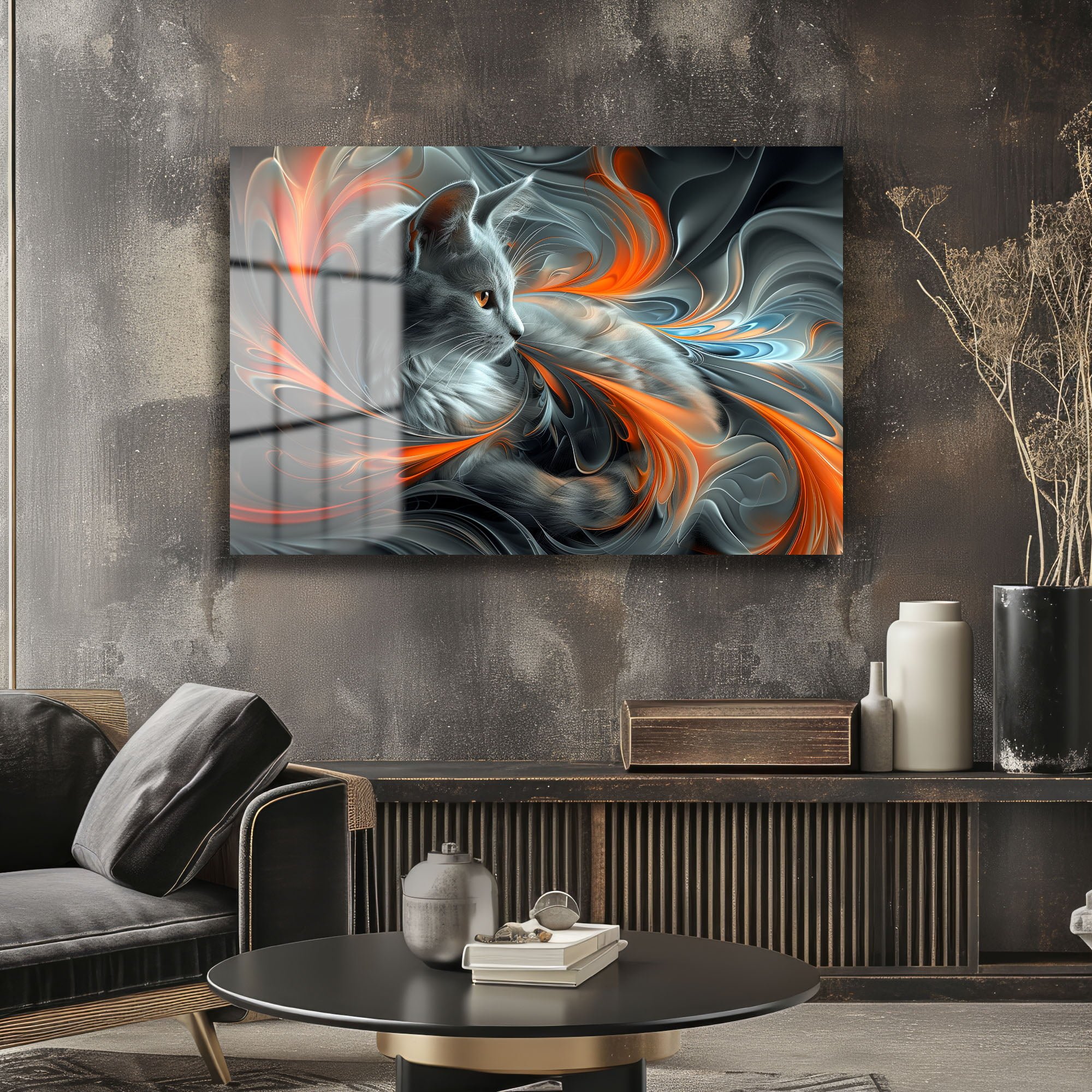 Ateşin Dansı: Gizemli Kedi Temalı Modern Temperli Cam Tablo Duvar Dekoru cam tablo, duvar sanatı, modern dekorasyon, soyut sanat, cam sanat eserleri, iç mekan dekorasyonu, ofis dekorasyonu, ev dekorasyonu, restoran dekorasyonu, cafe dekorasyonu, cam baskı, UV baskı, estetik duvar sanatı