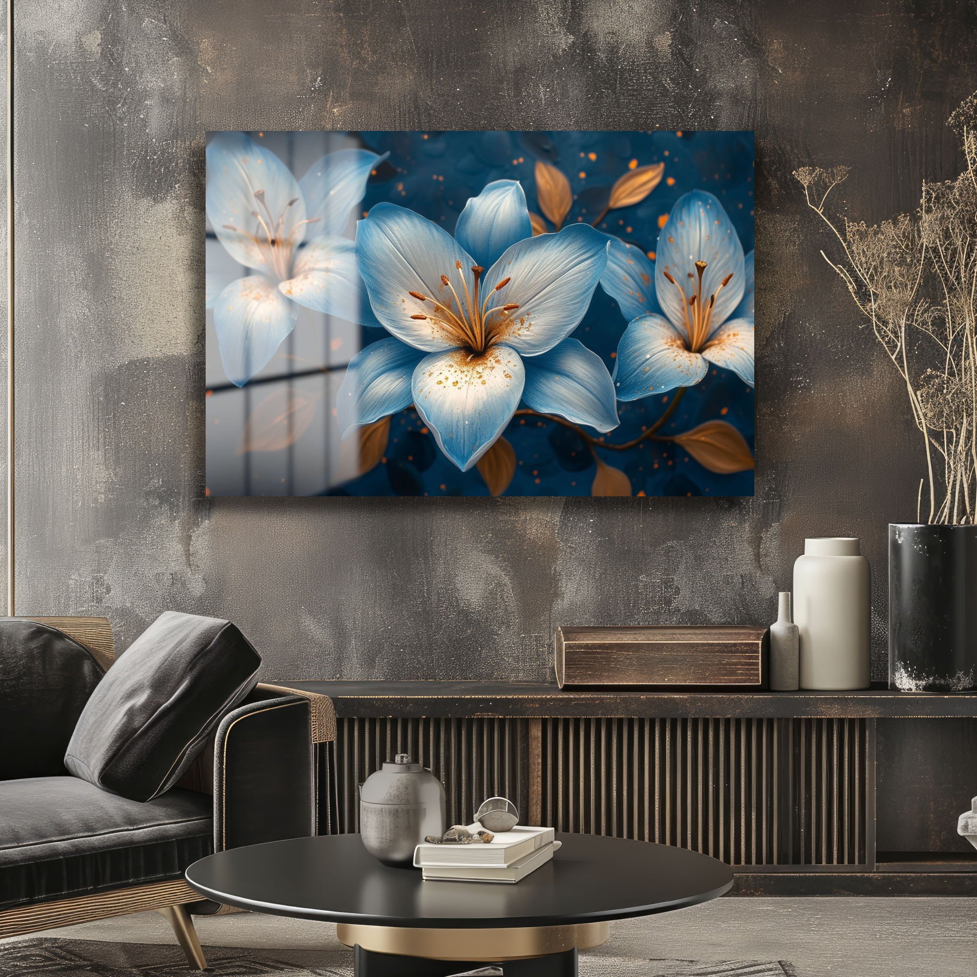 Derin Mavi Çiçekler: Parlak Yüzey Modern Cam Tablo Duvar Dekoru cam tablo, duvar sanatı, modern dekorasyon, soyut sanat, cam sanat eserleri, iç mekan dekorasyonu, ofis dekorasyonu, ev dekorasyonu, restoran dekorasyonu, cafe dekorasyonu, cam baskı, UV baskı, estetik duvar sanatı