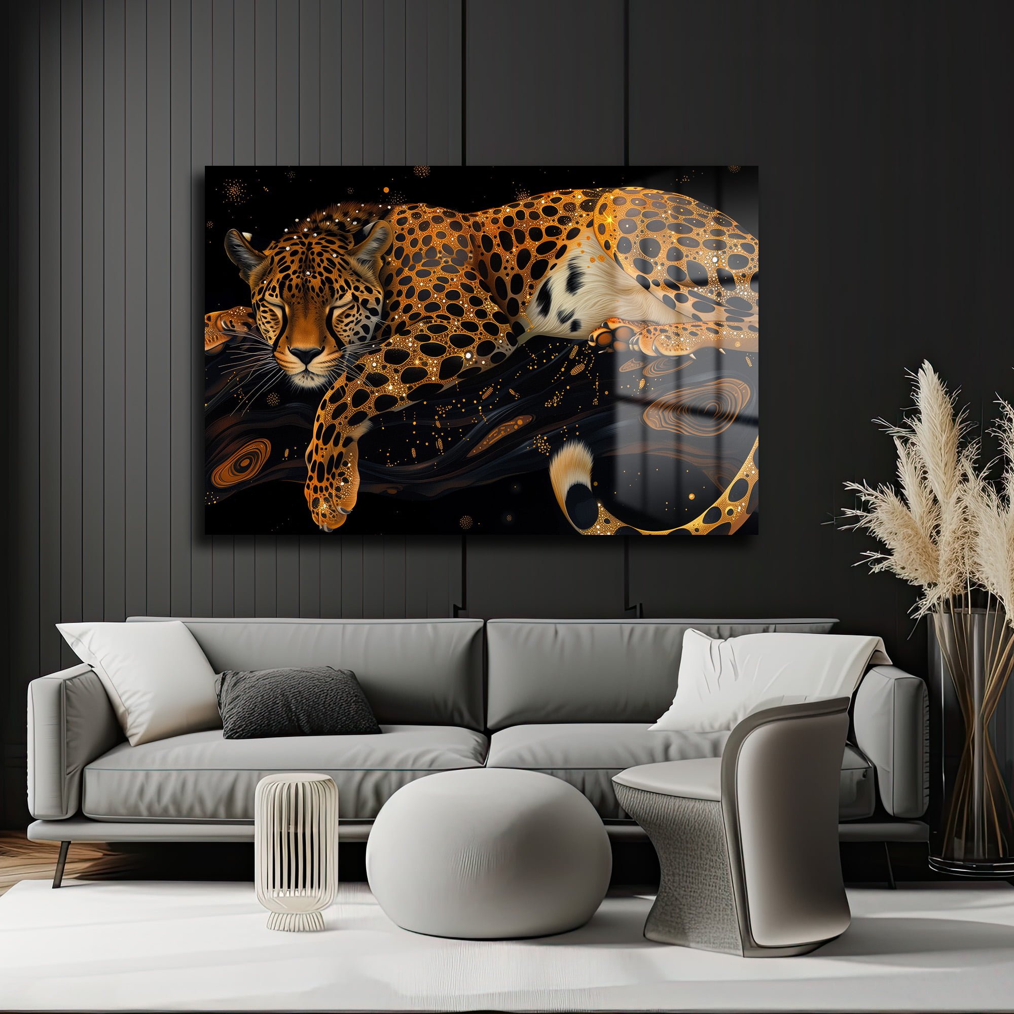Parıldayan Rüyalar: Kozmik Leopar Temalı Temperli Cam Tablo Duvar Dekoru cam tablo, duvar sanatı, modern dekorasyon, soyut sanat, cam sanat eserleri, iç mekan dekorasyonu, ofis dekorasyonu, ev dekorasyonu, restoran dekorasyonu, cafe dekorasyonu, cam baskı, UV baskı, estetik duvar sanatı