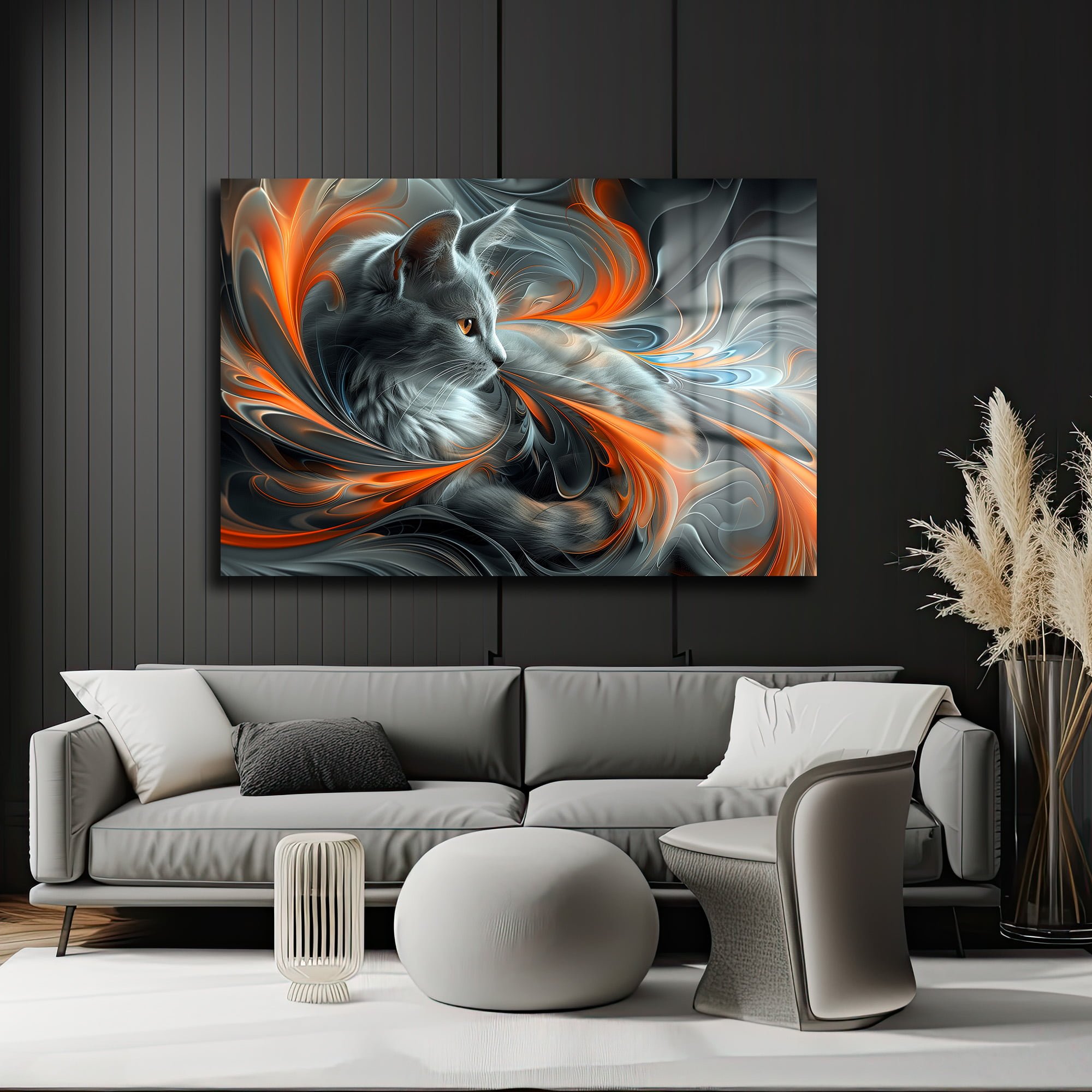 Ateşin Dansı: Gizemli Kedi Temalı Modern Temperli Cam Tablo Duvar Dekoru cam tablo, duvar sanatı, modern dekorasyon, soyut sanat, cam sanat eserleri, iç mekan dekorasyonu, ofis dekorasyonu, ev dekorasyonu, restoran dekorasyonu, cafe dekorasyonu, cam baskı, UV baskı, estetik duvar sanatı